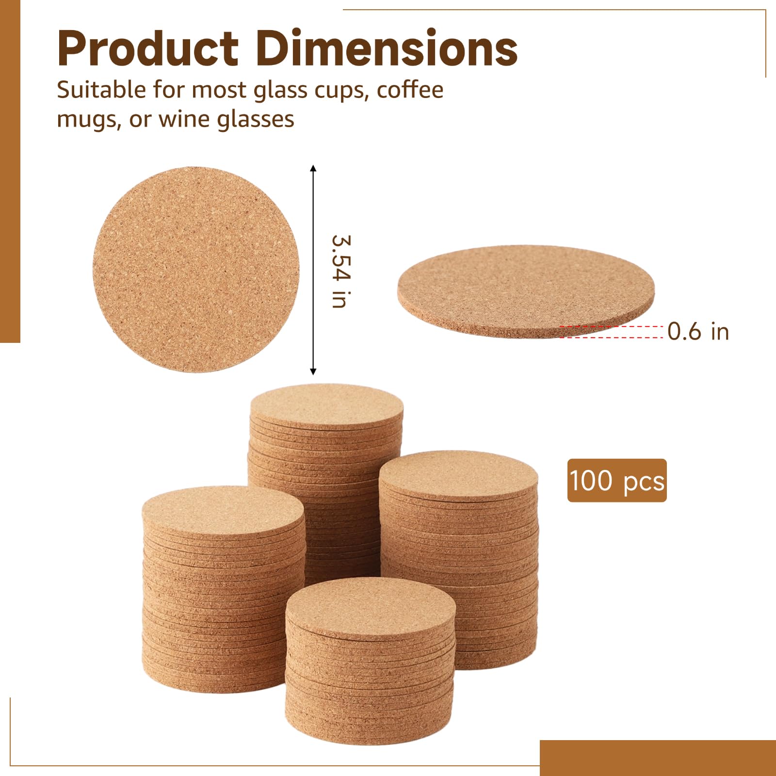 Lot de 100 dessous de verre ronds en liège naturel de 8,9 cm, dessous de verre vierges en vrac pour boissons, résistants à la chaleur et antidérapants pour loisirs créatifs