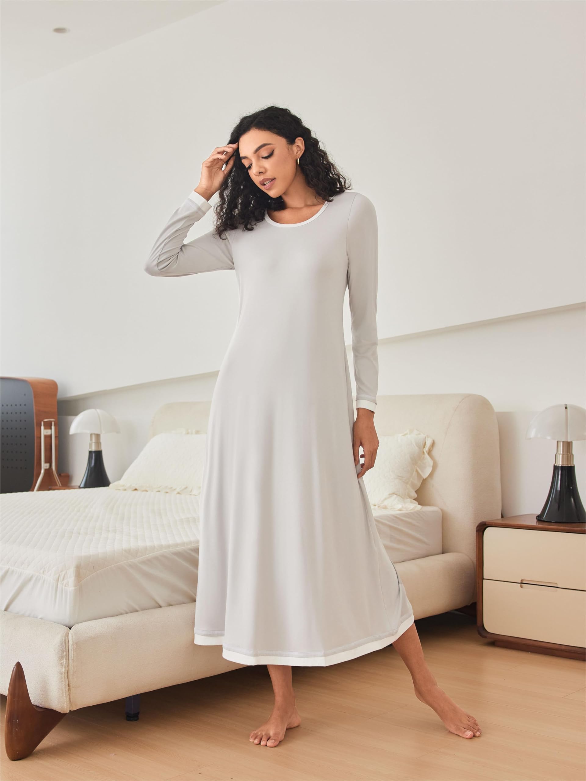 Ekouaer Camicia da Notte Donna Manica Lunga Girocollo Lungo da Notte Invernale Pigiama Comodo Ampio Sexy Camicie Tinta Unita Abbigliamentoda Casa S-XXL