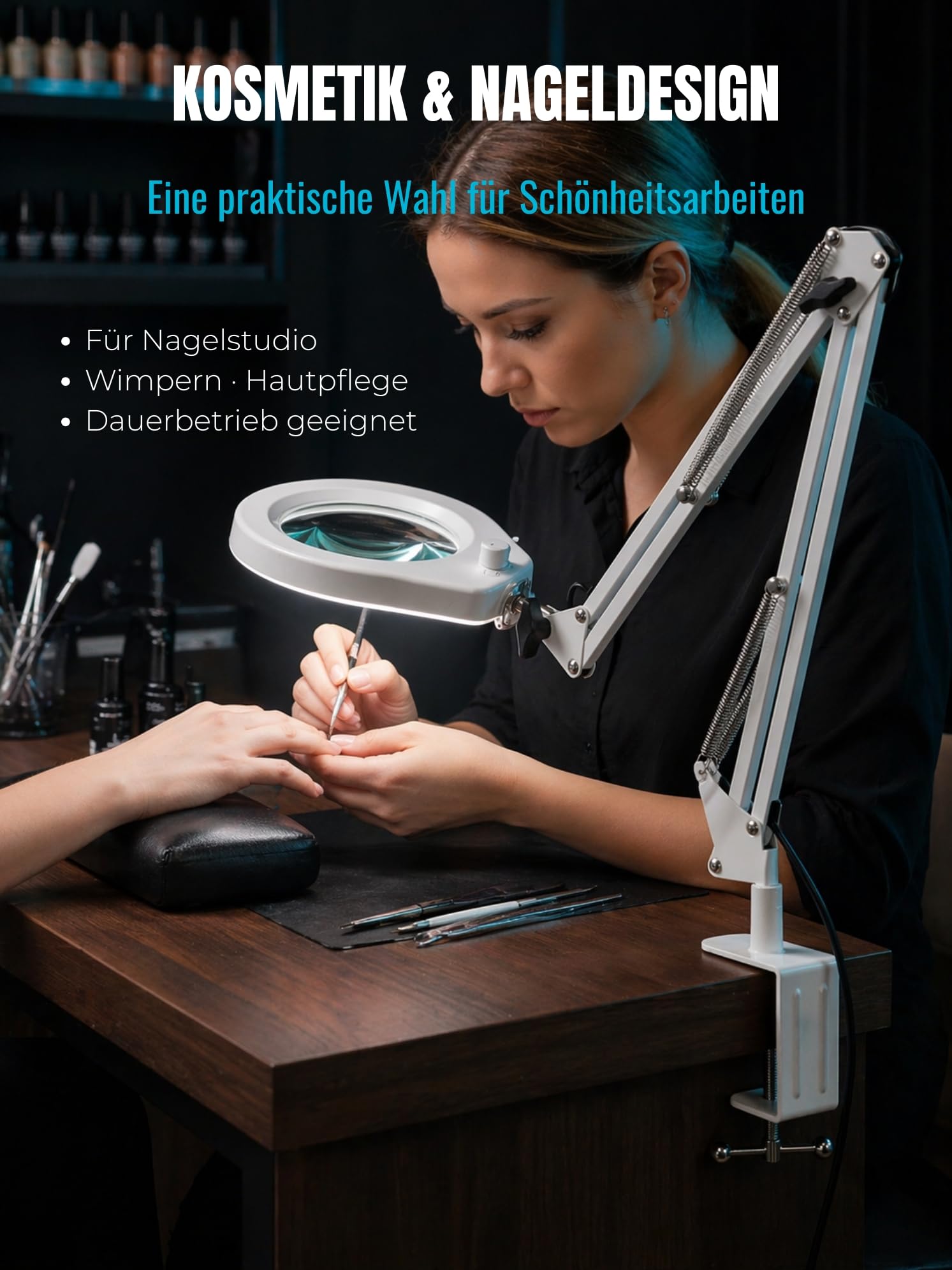 Lupenleuchte LED mit Klemme & Gelenkarm – 5 Dioptrien, Dimmbar | 10,5 cm Glaslinse, 5 Lichtfarben, 6,4 cm Klemme, 90 cm Arm, Präzision, Handarbeit, Hobby, Lesen