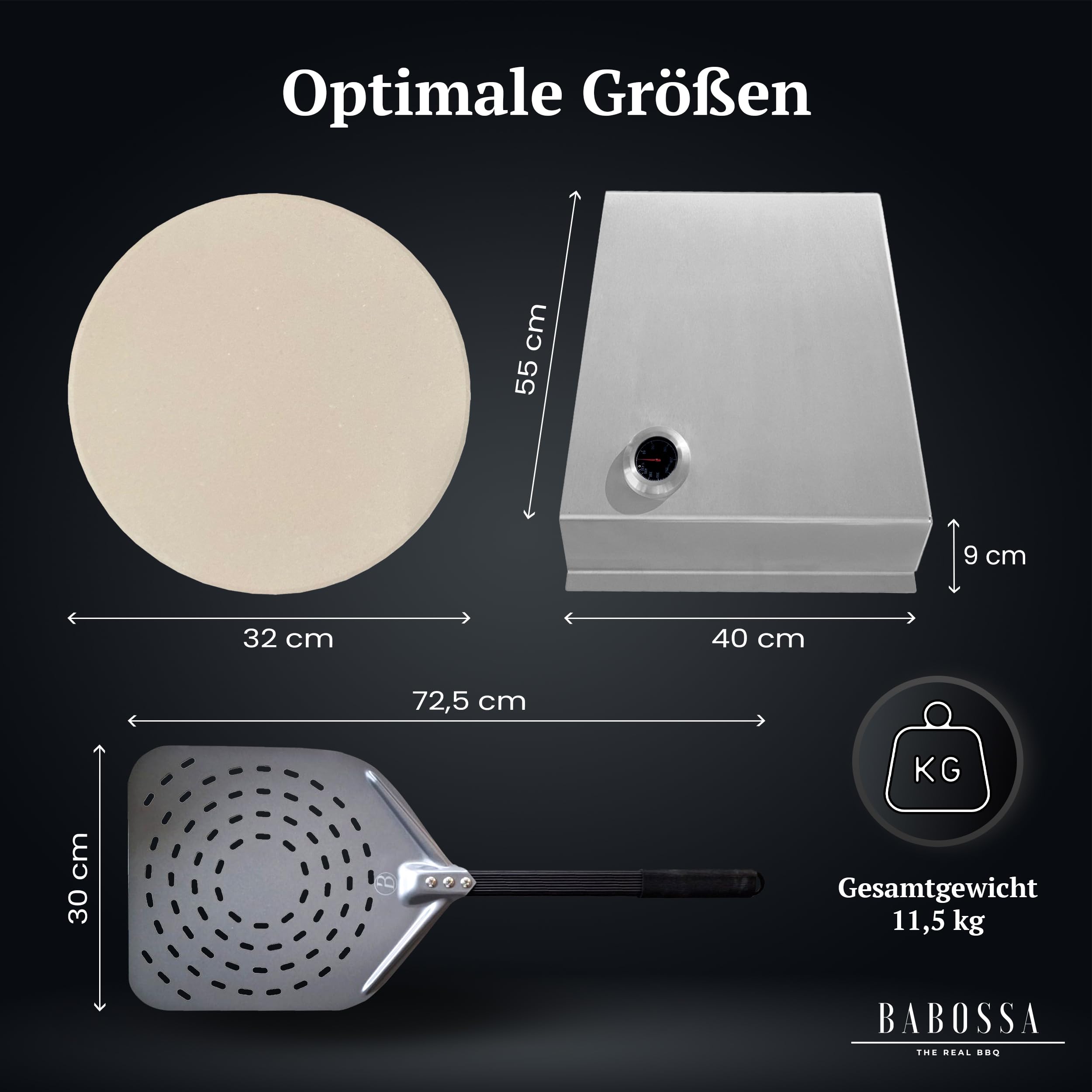 BABOSSA Pizzaset für den Grill – Komplettlösung mit Pizzastein, Pizzaschieber & Haube – alles für Pizza vom Grill wie beim Italiener – passt auf Gasgrill, Holzkohlegrill & viele Modelle