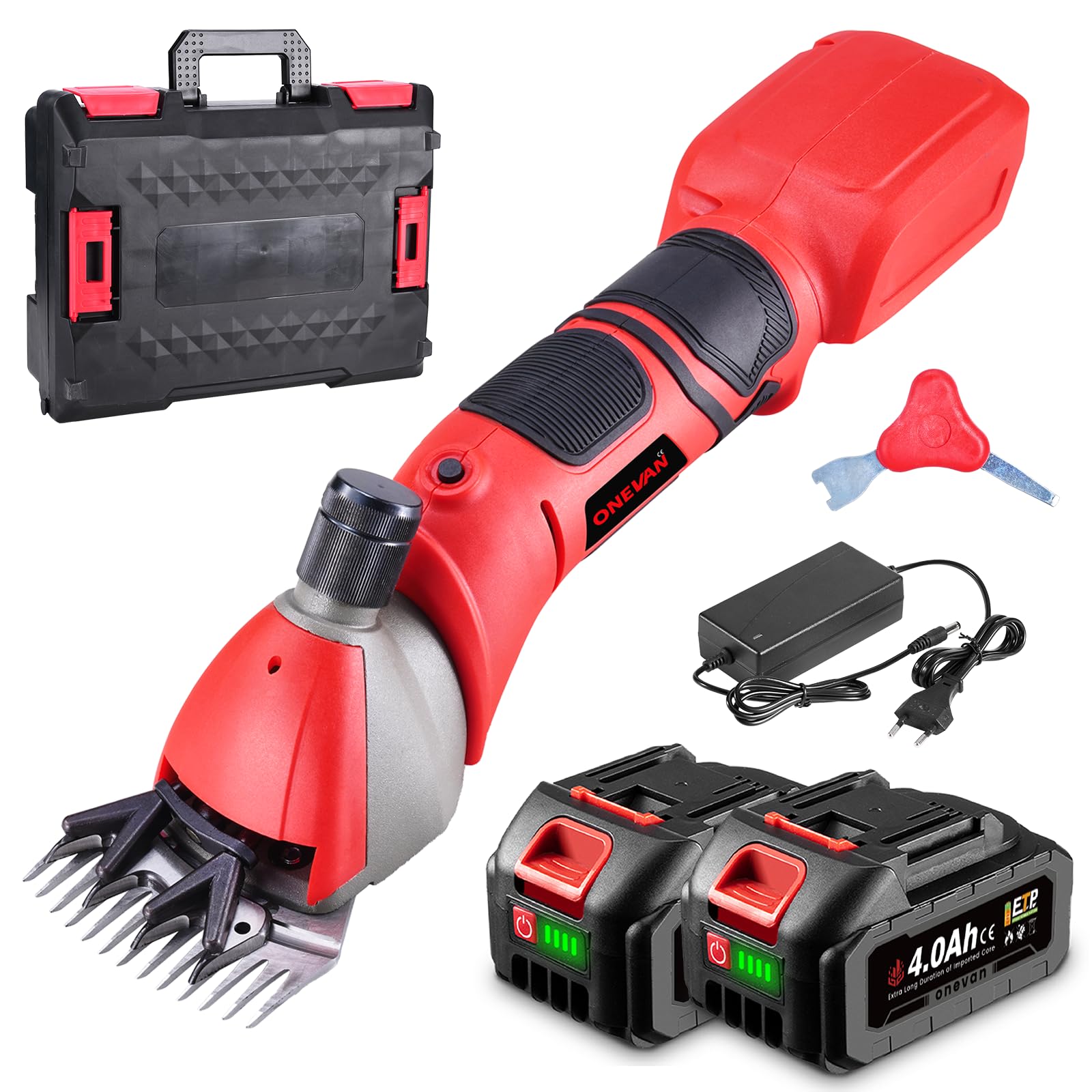 ONEVAN Esquiladora de ovejas, Cortapelos Para Ovejas de 500 W con 6 velocidades, 13 dientes, 2 baterías de 3.0 Ah, esquiladora inalámbrica para ovejas, alpacas (Rojo Oscuro)