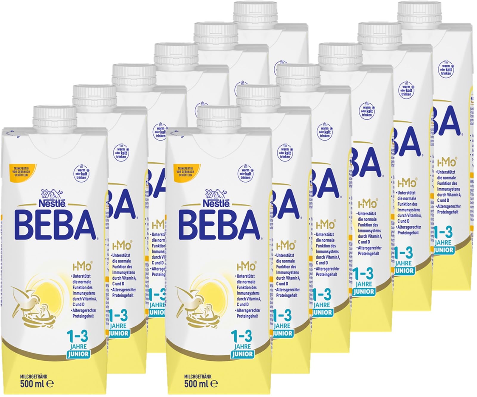BEBA Junior 1-3 Jahre Milchgetränk trinkfertig, Mit HMO, Altersgerecht angepasster Proteingehalt, Ohne Palmöl, Ohne Fischöl, Kleinkindnahrung, 12er Pack (12 x 500ml)