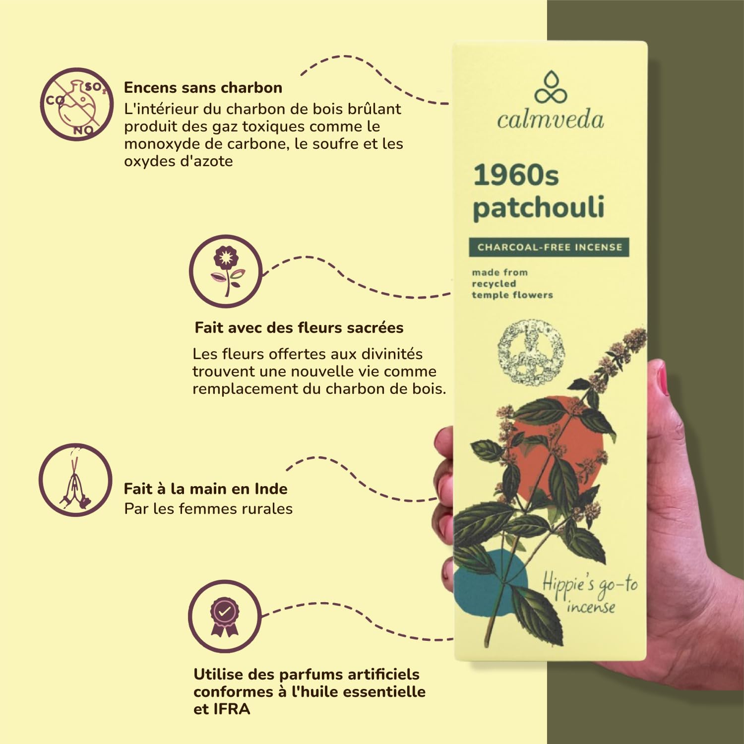 Bâtons d'encens Patchouli 1960, sans charbon, fleurs recyclées, non toxiques