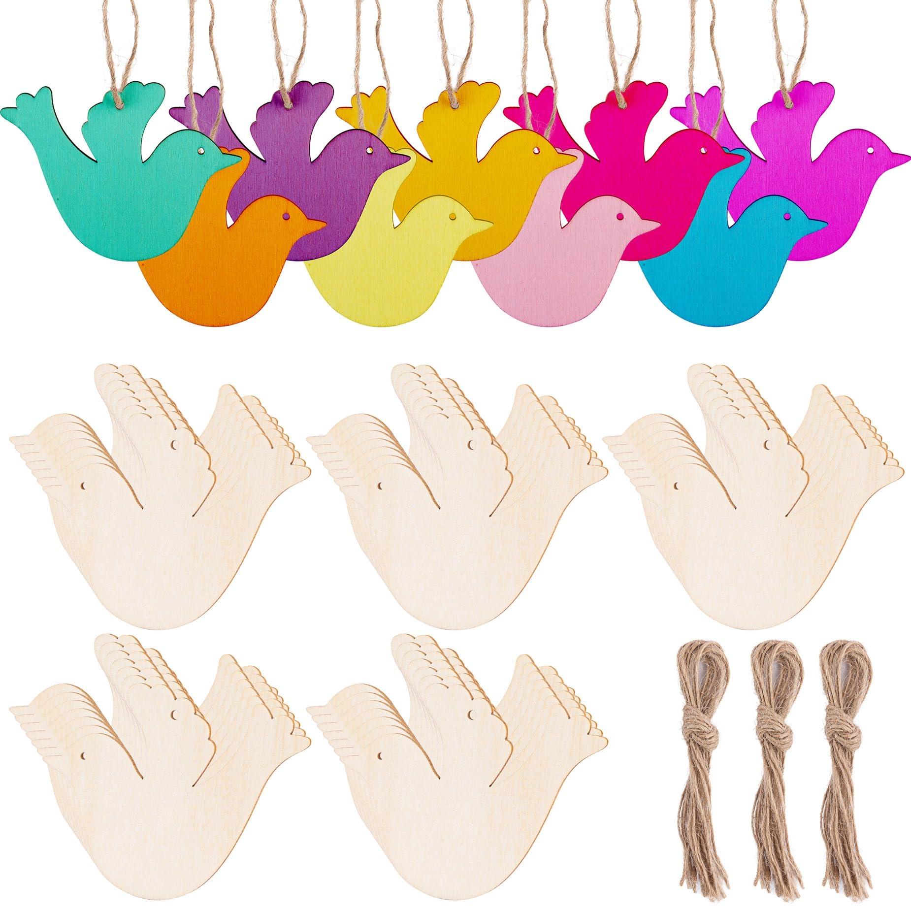 Framendino, 32 Pack Bird Wood Cutouts Unfinished Wooden Peace Dove Birds Hanging Ornaments Bird Craft Gift Tags with Ropes for DIY Crafts Home Party Decorations