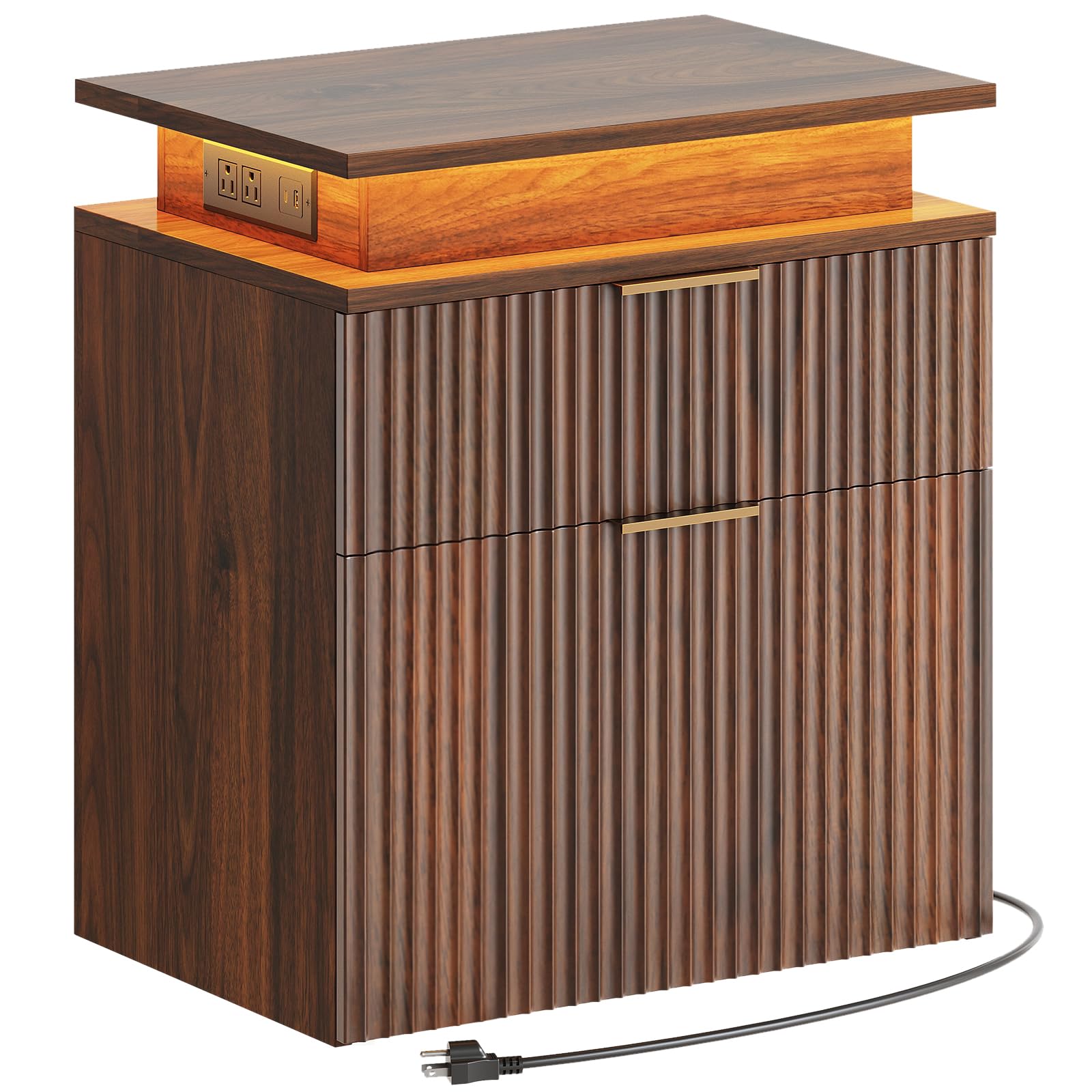 YATINEY Fluted Nightstand, Night Stand with Charging Station, Bedside Table with LED and 2 Drawers, Natural Bed Side Cabinet, Farmhouse End Side Table