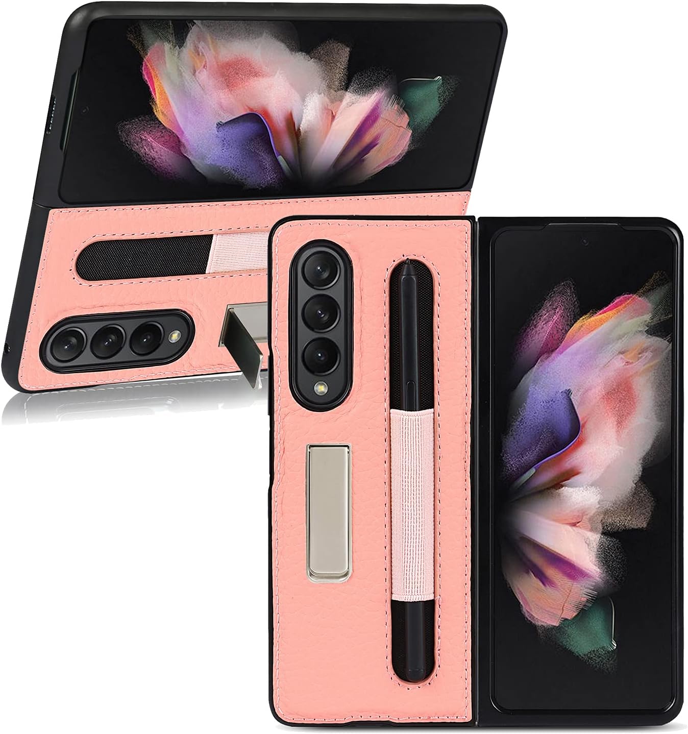 for Samsung Galaxy Z Fold 3 Case with S Pen Holder and Kickstand, Samsung Z Fold 3 Case, Anti-Fall S Pen Fold Edition (Pink)
