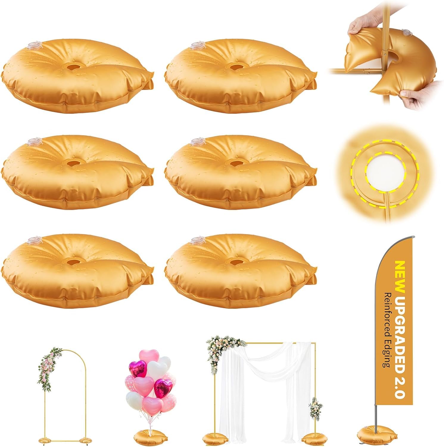 2 Pcs Golden Water Bag Weights for Backdrop Stand, Upgraded 5-Layer Thickened 50kg Pressure-Tested Openable Water Fillable Base for Metal Arch Frame Base, Perfect for Wedding Birthday Party Christmas