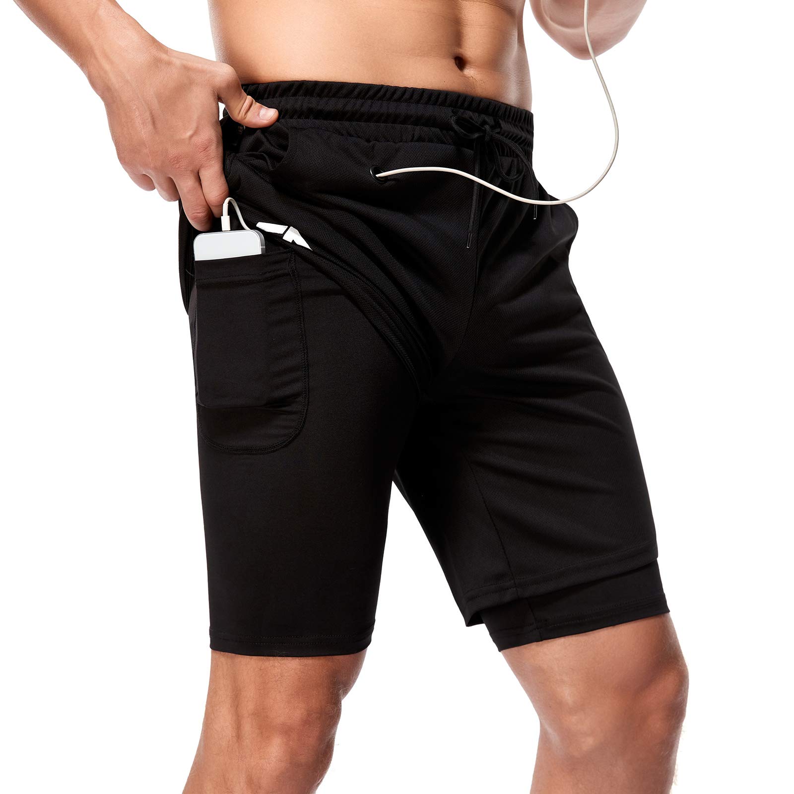 Mens 2-in-1 Running Shorts Gym Workout Sport Training with Pocket