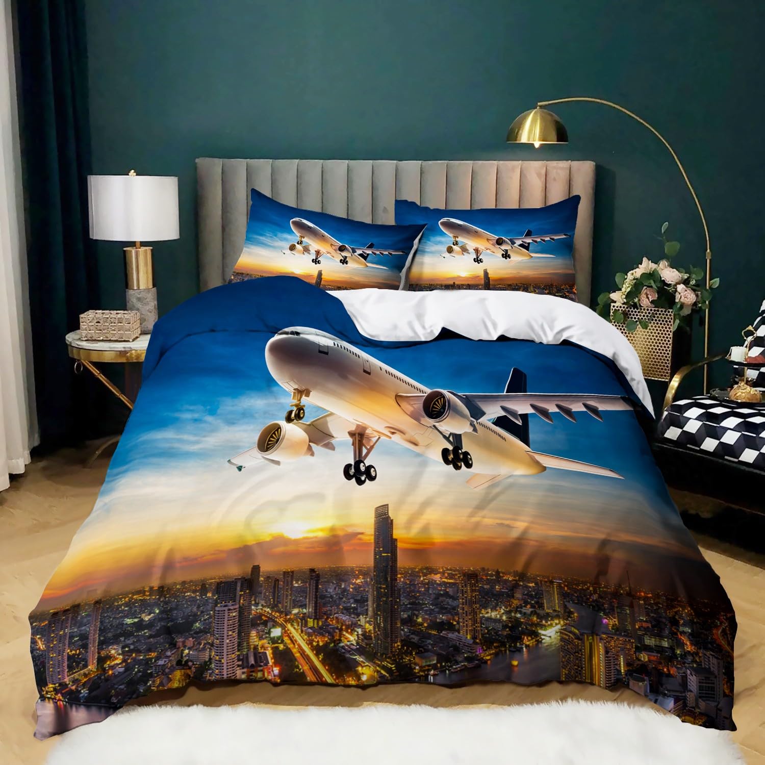 XCQHZYQ Double Duvet Set Airplane City 3 pcs Bed Set Brushed Microfibre Bedding Set Ultra Soft Anti Allergic Easy Care Non Iron Quilt Cover