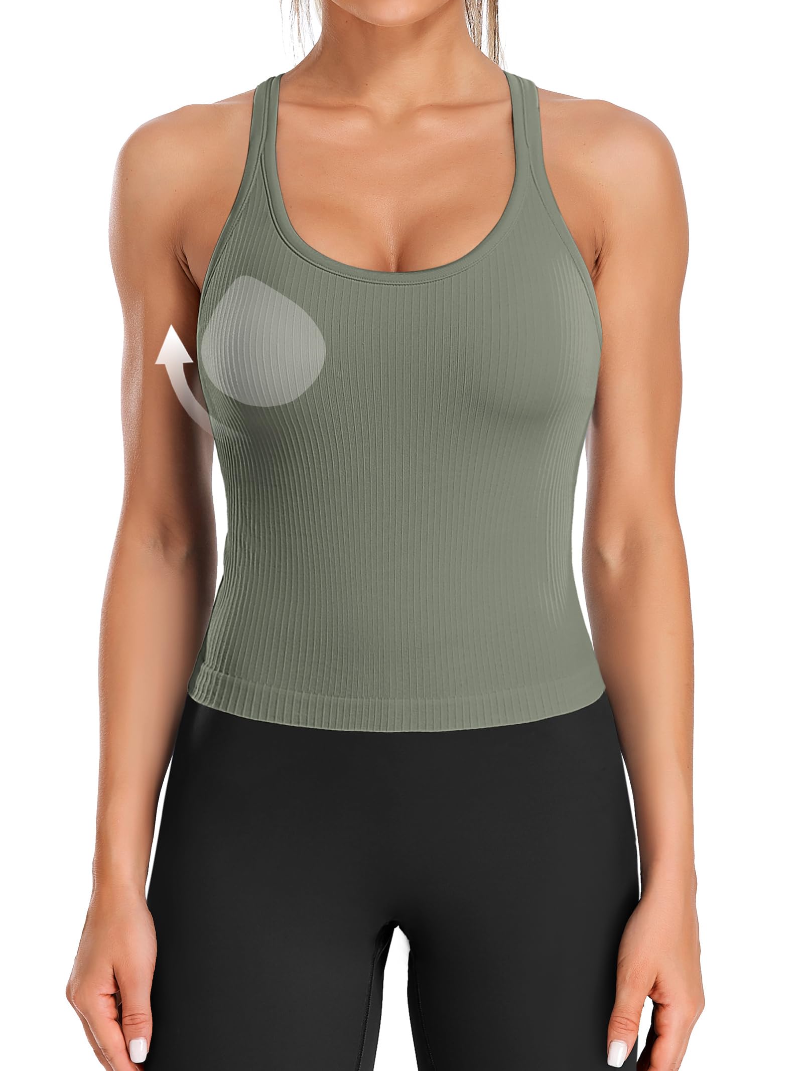 ATTRACO Women Ribbed Workout Crop Tops with Built in Bra Yoga Racerback Tank Top Tight Fit 2 Army Green