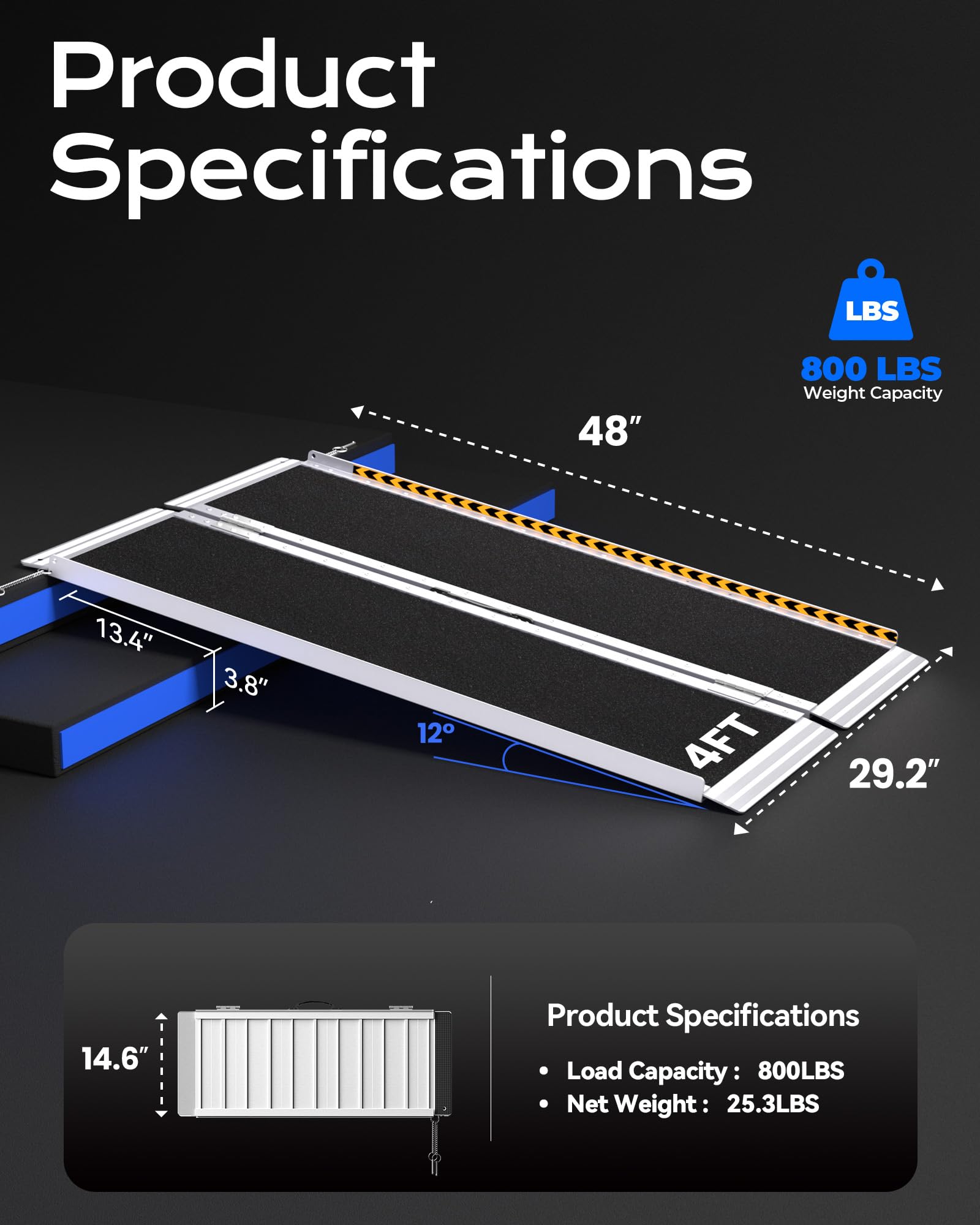 KOLOTOOL Wheelchair Ramp 4ft, Non-Skid Aluminum Portable Ramps for Wheelchairs for Home Steps, 800 LBS Capacity Wheel Chair Handicap Ramp for Entry, Doorway, Homes, Stairs 48" Lx 29.2" Wx2H