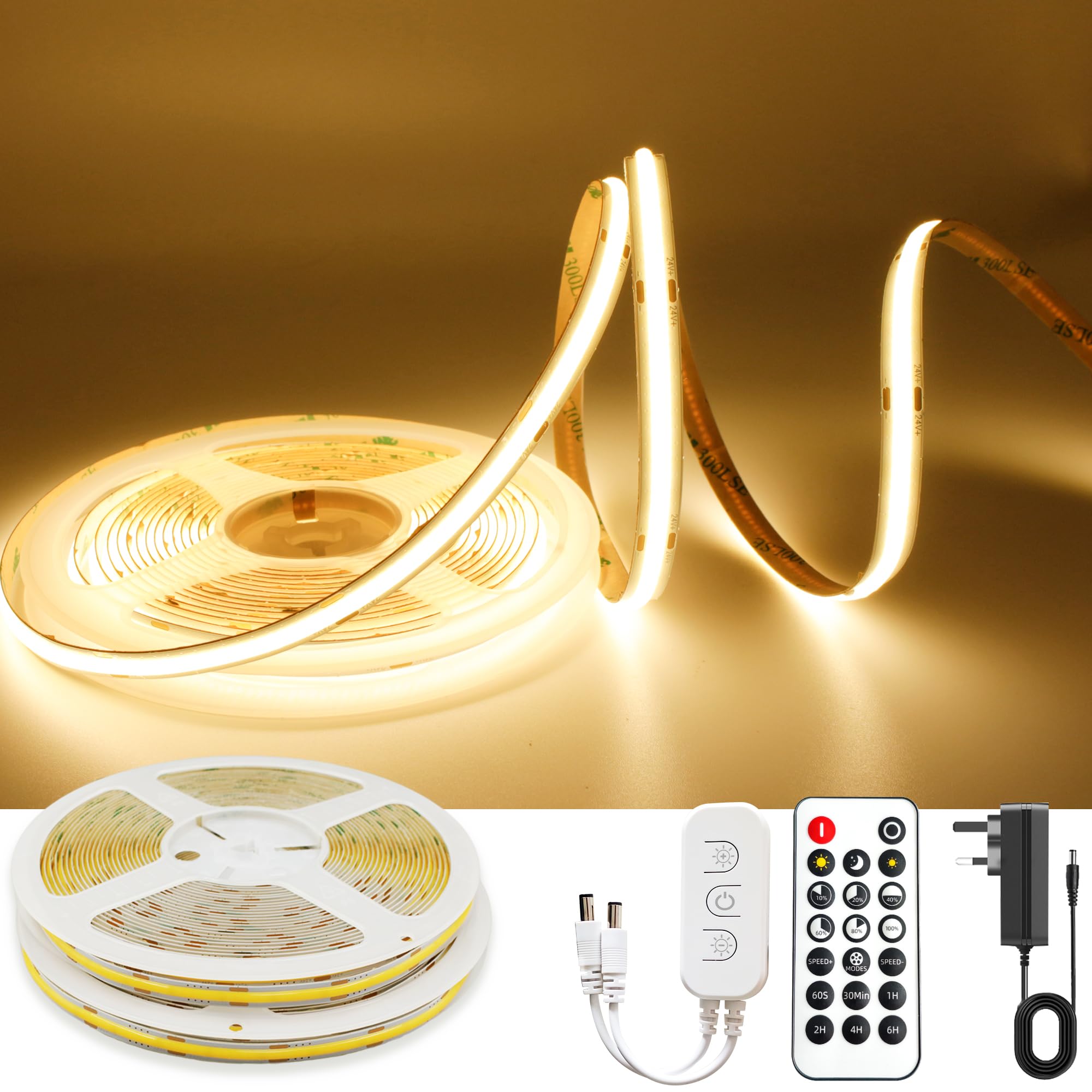 AXMOTUT 32.8ft COB LED Strip Light Warm White, High Bright LED Strips with 320LEDs, RF Remote and UL Power Supply, 2700K Dimmable LED Lights for Bedroom,Kitchen, DIY Home Decoration, 2 Rolls of 16.4ft