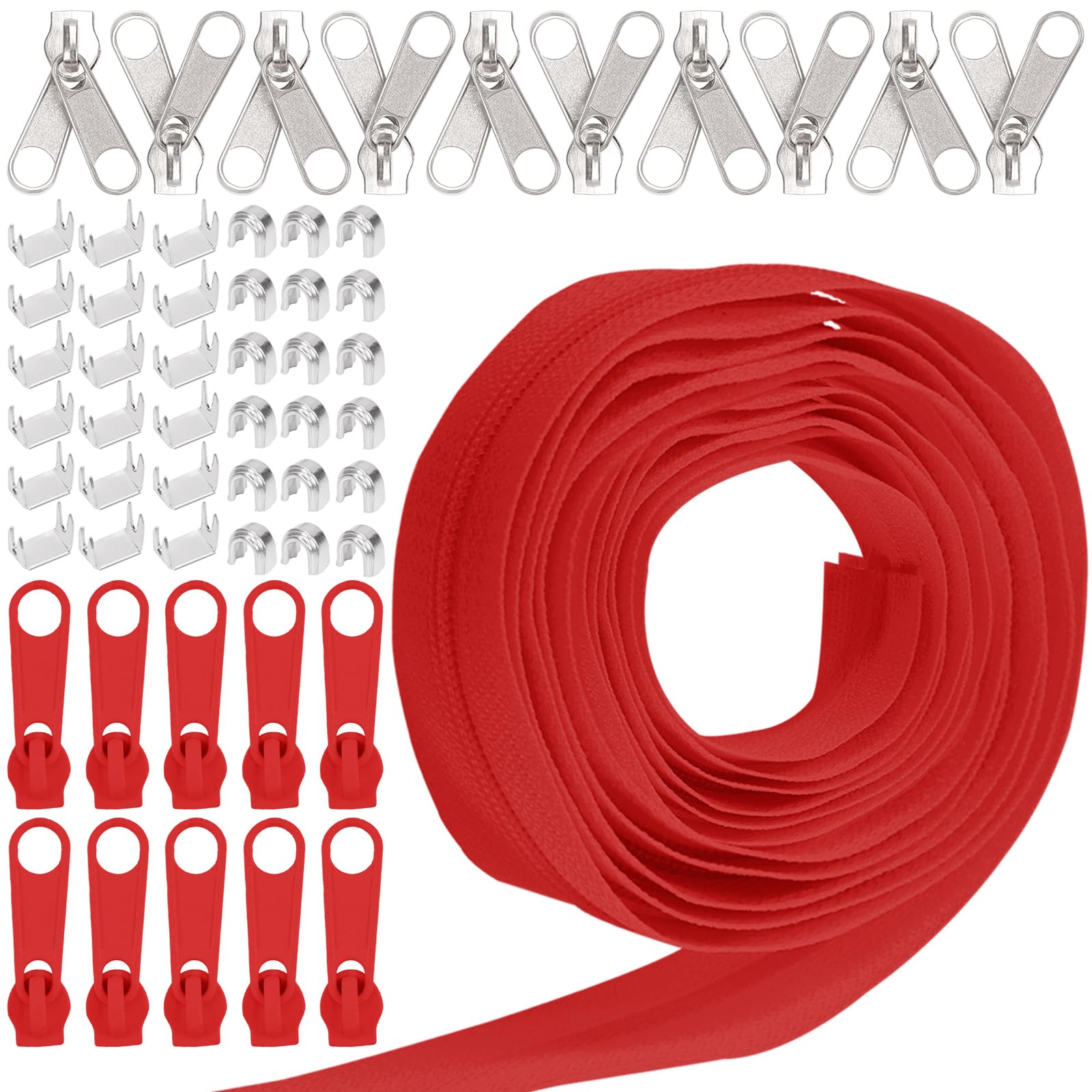 Keadic 81Pcs #5 Nylon Zipper Tape Set with 10 Yard Nylon Coil Zippers, 20 Metal Zipper Slider, 20 Bottom Stops, 40 Top Stop for DIY Sewing Tailor Bag Purse Luggage Sofa Crafts Supplies (Red)
