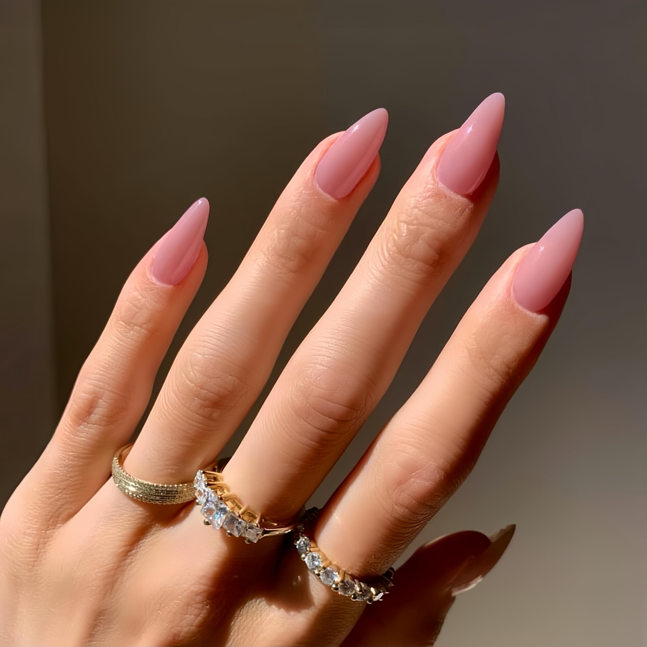 SXVME 48 Pcs Dark Pink Press on Nails Almond Medium Acrylic False Nails Medium Stiletto Natural Fake Nail Set Elegant Solid Color Full Cover Glossy Gel Stick on Nails for Women Daily Wear - Image 2