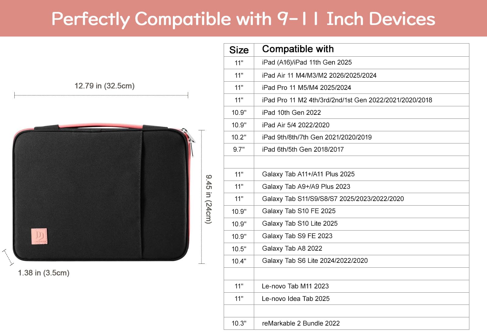 Dadanism 9-11" Borsa da Trasporto per Tablet con Maniglia per iPad (A16) 11", iPad Air M4 M3/Pro M5 M4 11", iPad 10a Gen/Air 5 10,9", iPad 9/8/7a Gen 10,2", Galaxy Tab A11+ 11", Tab M11 11", Nero