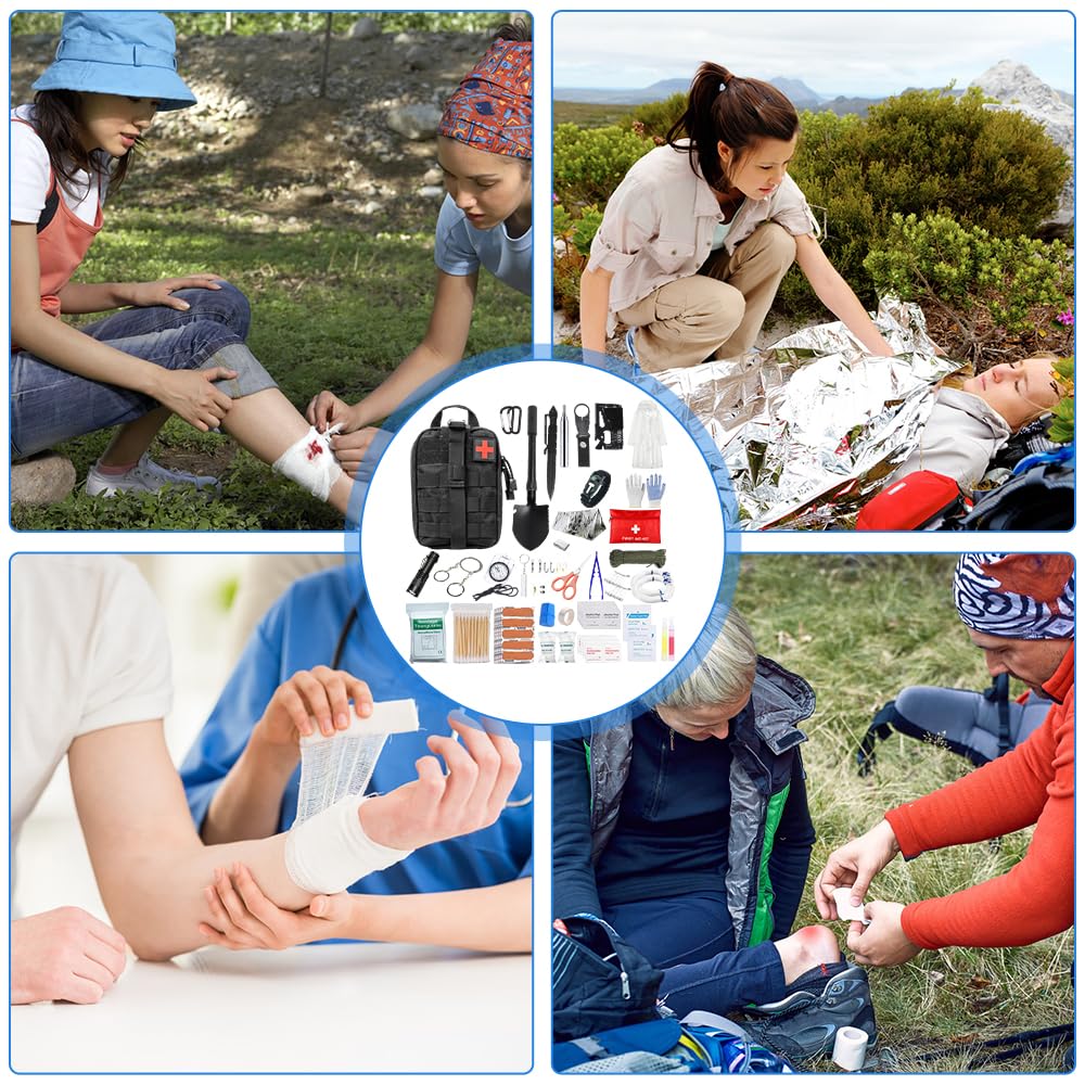 Erste Hilfe Set, Survival Kit mit Überlebenswerkzeug, Notfallrucksack Gefüllt, First Aid Kit, Survival Set Outdoor für Auto, Camping, Rucksackreisen, Wandern, Jagd