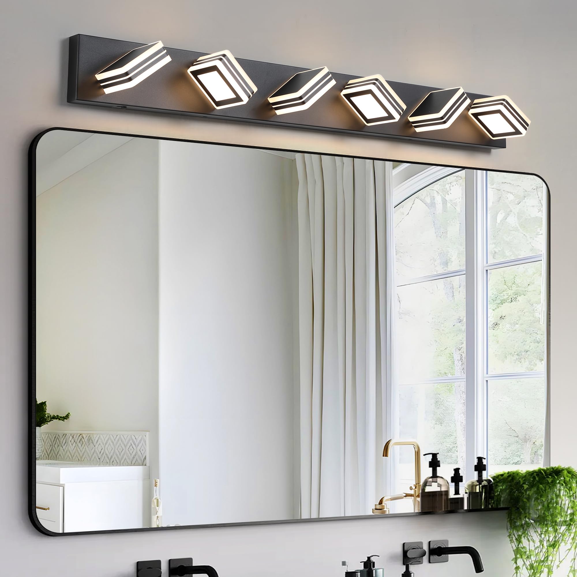 VDOQTLJT Brighten Your Bathroom with Modern 6-Light LED Vanity Light Dimmable & Energy-Efficient Wall Fixture Stylish Black Iron & Acrylic Design