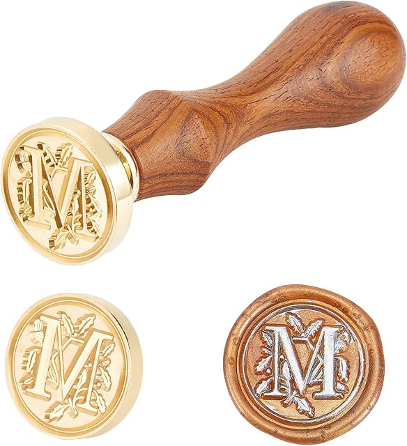 PandaHall Elite 1 Piece DIY Wooden Wax Seal Stamp,Alphabet Scrapbook Brass Stamps and Wood Handle Sets, Letter M, 25x14mm 75mm