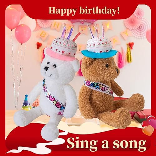 Miniatura 6 de Oso de peluche para bailar y cantar, regalo de feliz cumpleaños, juguetes de peluche interactivos musicales con sombrero de pastel de cumpleaños,