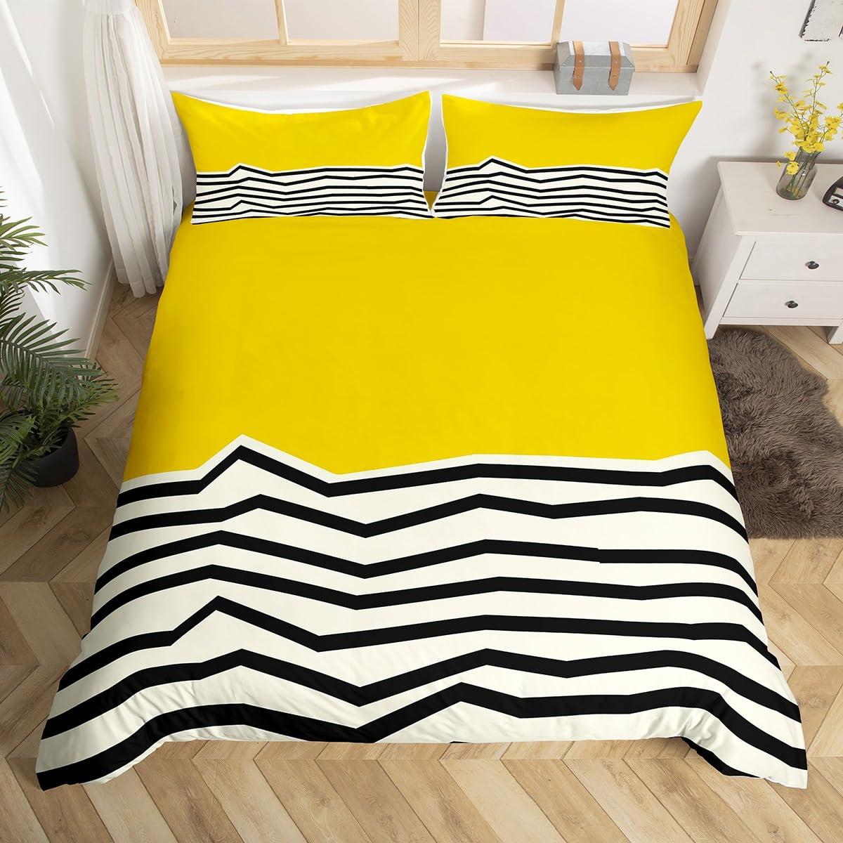 Homewish Bright Yellow White Geometric Single Duvet Cover Set - Abstract Black Wavy Striped Bedding with 1 Pillowcase - Mid-Century Modern Stripe Print Microfiber Quilt Cover Art Deco Bed Sets