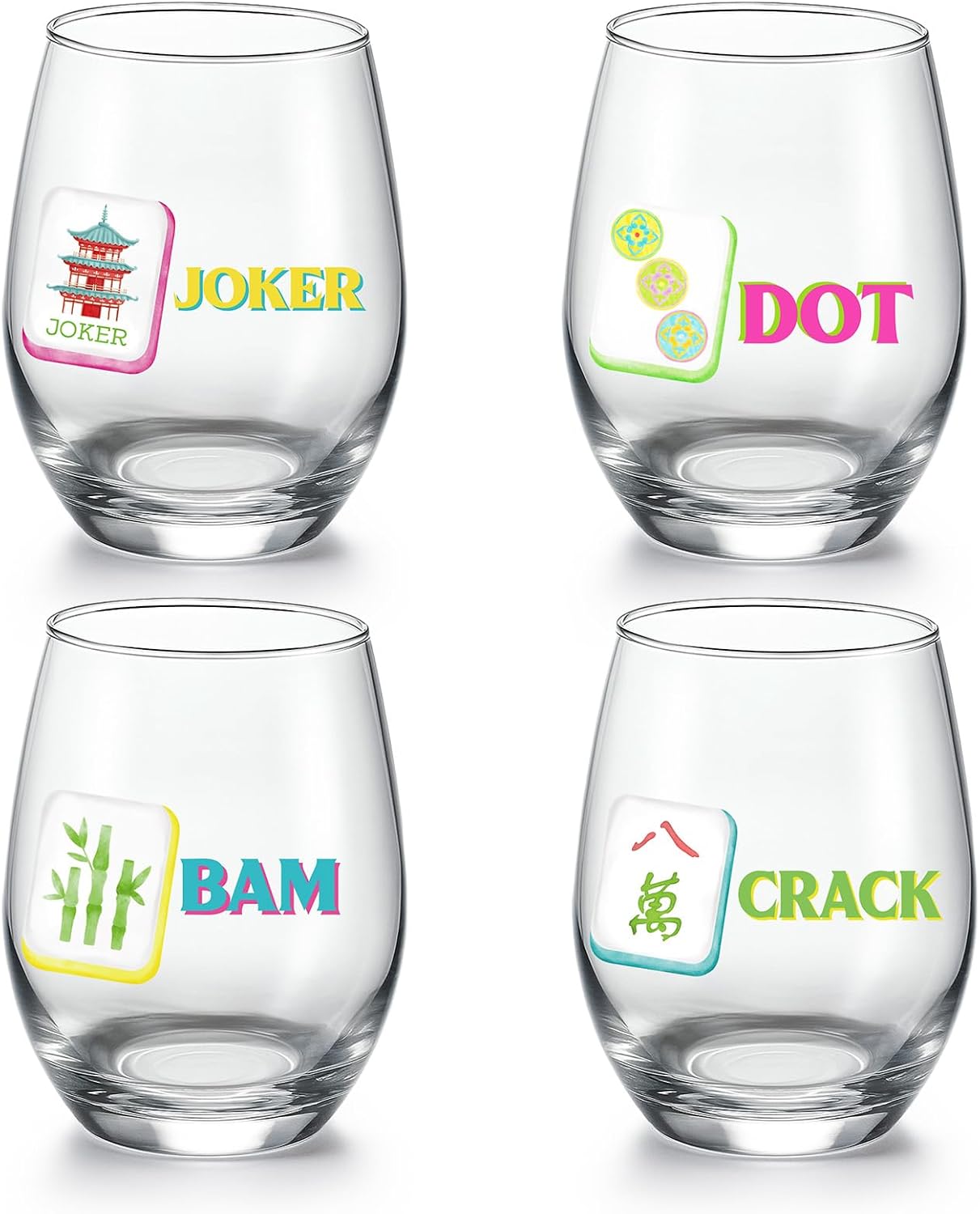 Qinyoung 4 Pcs 15 oz Mahjong Cups Wine Glass Mahjong Accessories and Gifts for Women Classic Stemless Wine Glass Cup for Cocktails Water Juice Drinking