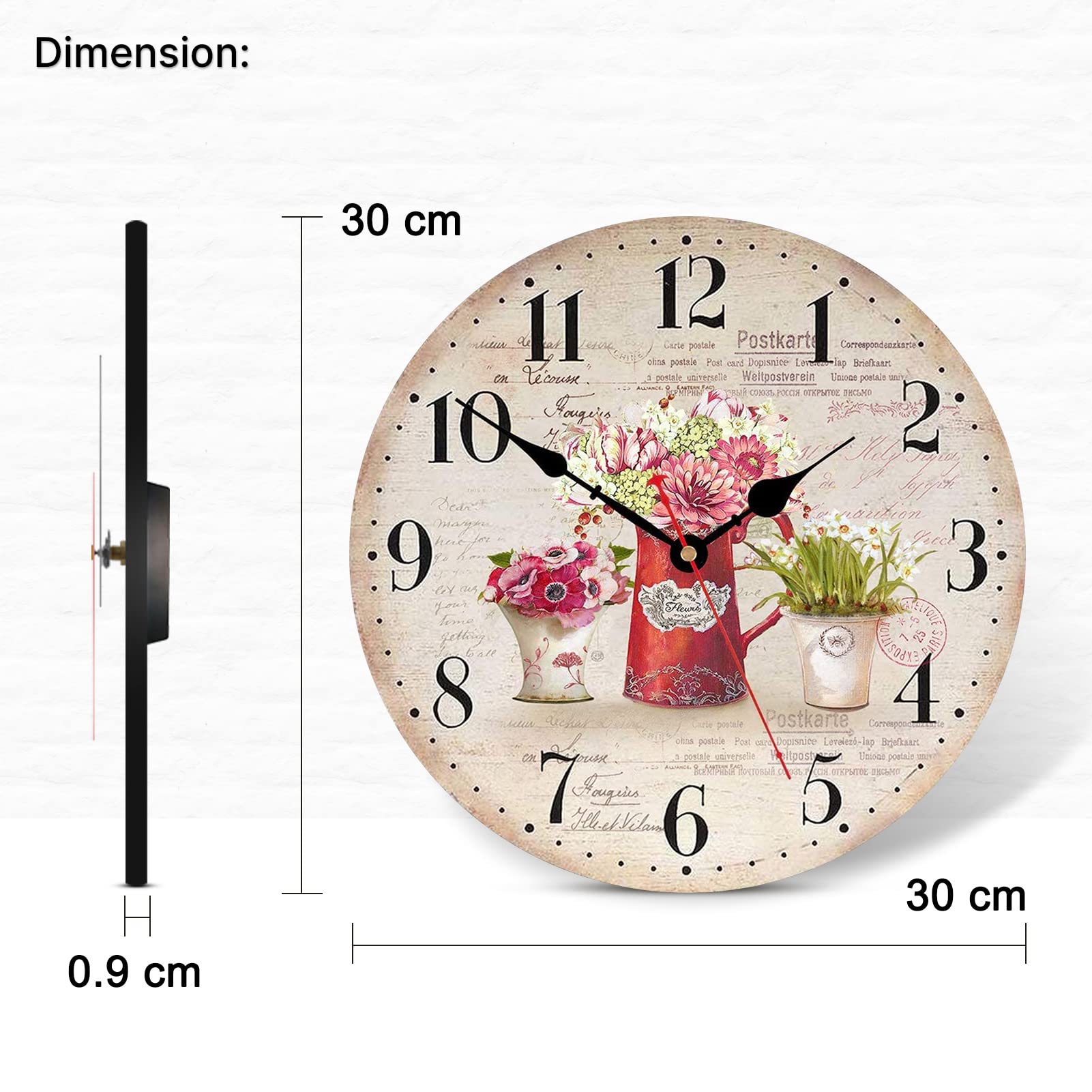 TAHEAT 30 cm Pendule Murale Vintage Fleurs Plantes Horloge Silencieuse Bois
