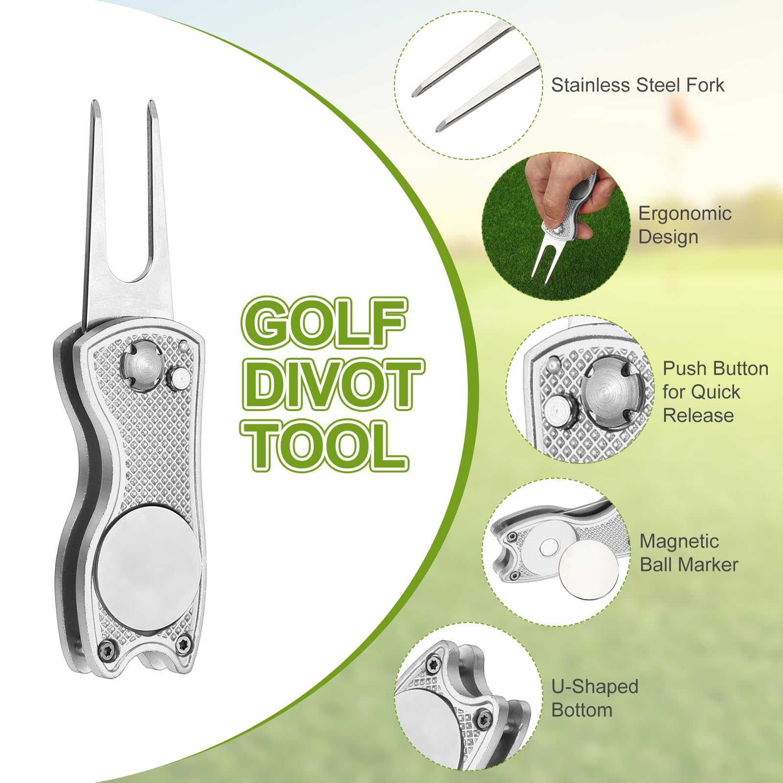 PATIKIL Golf Divot Repair Tool Pieghevole in Metallo con Marcaballa Magnetica Forchetta Acciaio Inossidabile Argento