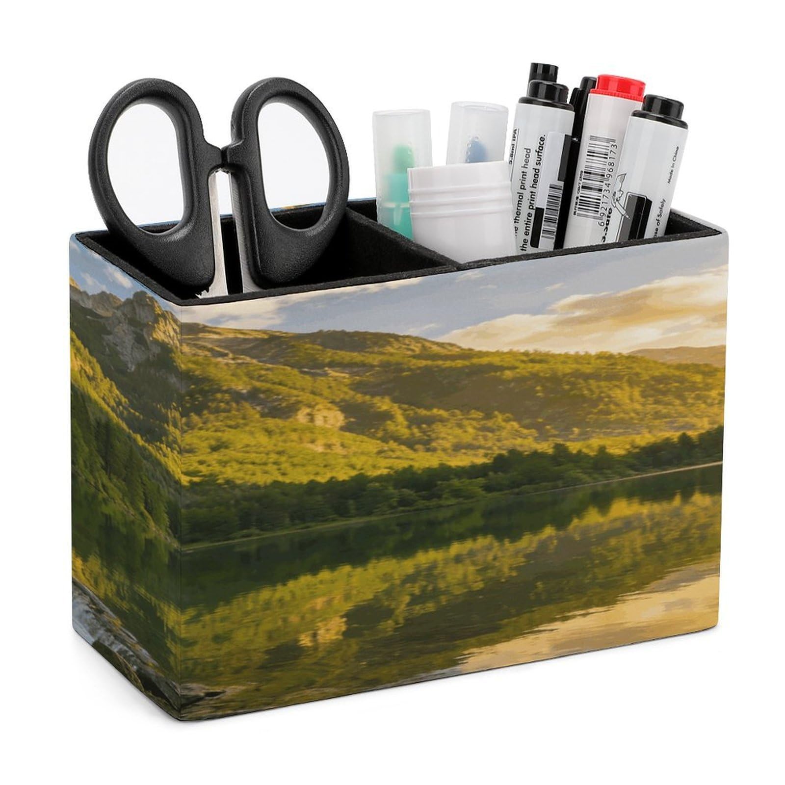 LZQPOEAS Sunset over The Mountain Range Pen Holder Double Compartments Pen Cup Makeup Brush Holders Leather Pencil Holder Locker Organizer for Work Locker Accessories Modern Pencil Cup for Desk