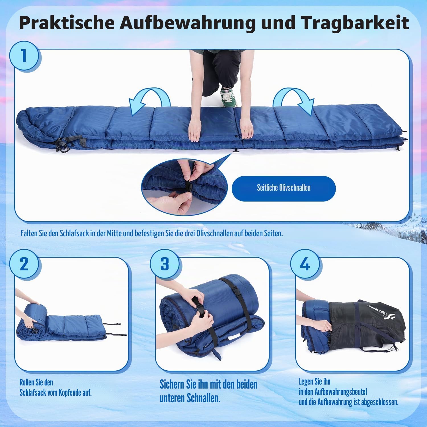 Schlafsack 0 Grad XXL 230 x 90CM Winterschlafsack mit Abnehmbarer Kapuze und weichem Kristallsamt-Futter für Erwachsene