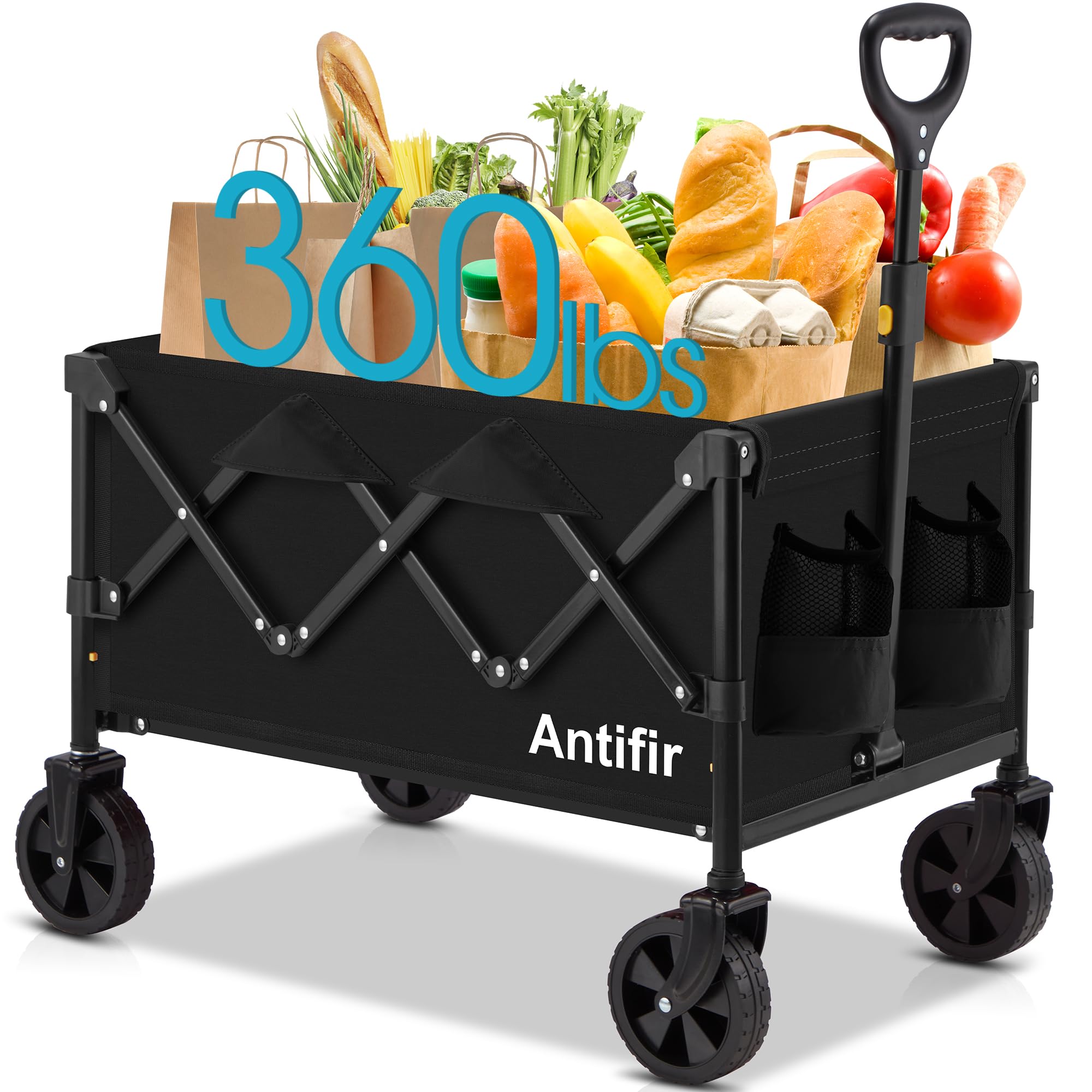 Collapsible Foldable Wagon with Wheels 360 LBS,Heavy Duty Folding Utility Cart for Groceries,Shopping,Garden,Camping,Outdoor,2 Drink Holders,Black