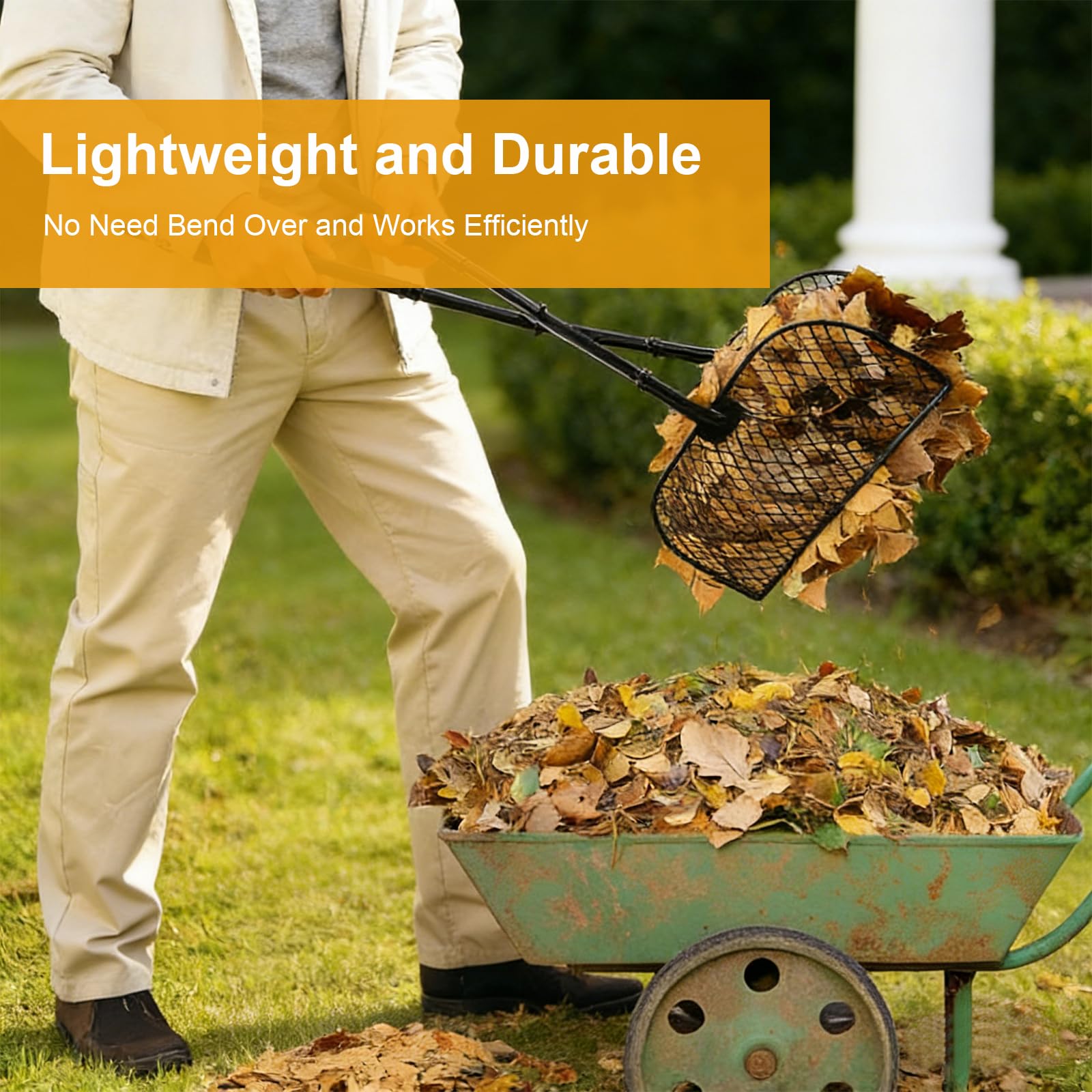 Rastrello per foglie con manico lungo, raccoglie foglie da giardino, in metallo, con rastrello in metallo largo 40 cm, per raccogliere foglie, erba