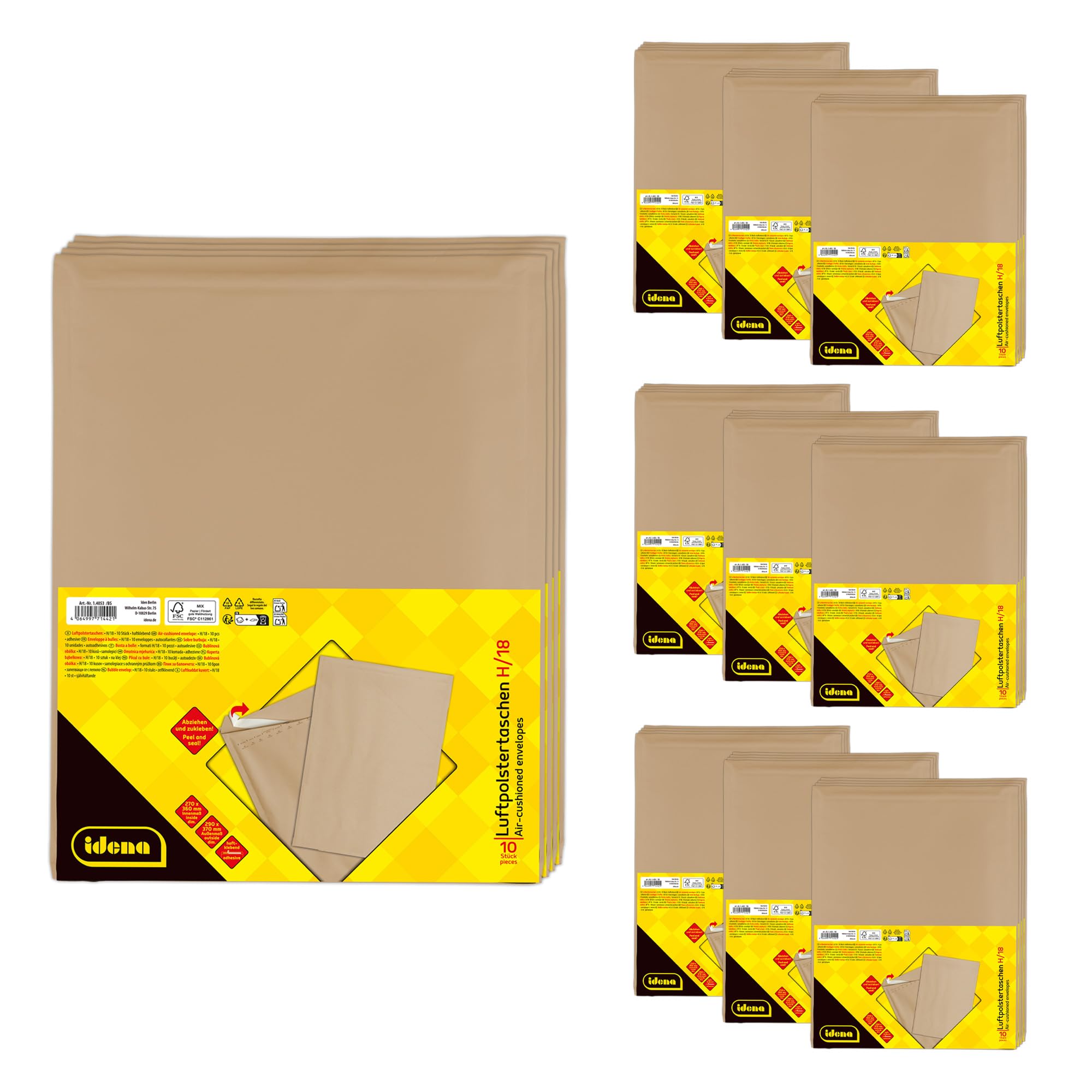 Idena 90580 - Enveloppes matelassées H/18, 100 pièces de 29 x 37 cm, pochettes d'expédition autocollantes, enveloppes matelassées en papier FSC-Mix marron