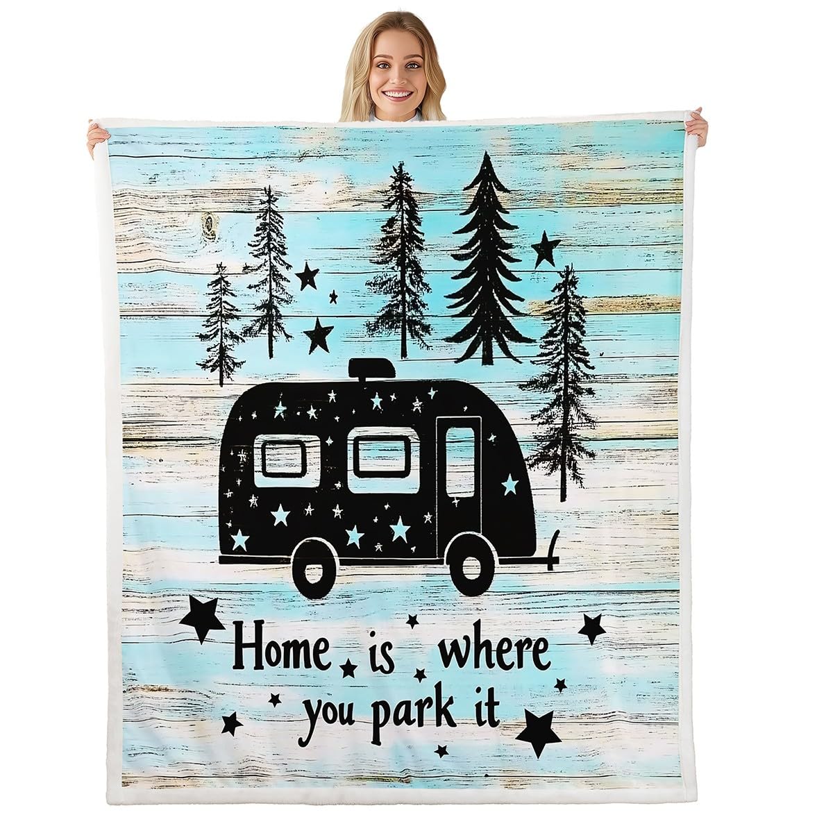 Camper Plush Fleece Throw Blanket for Camping, Travel, Bed, Sofa, Couch - Twin 60