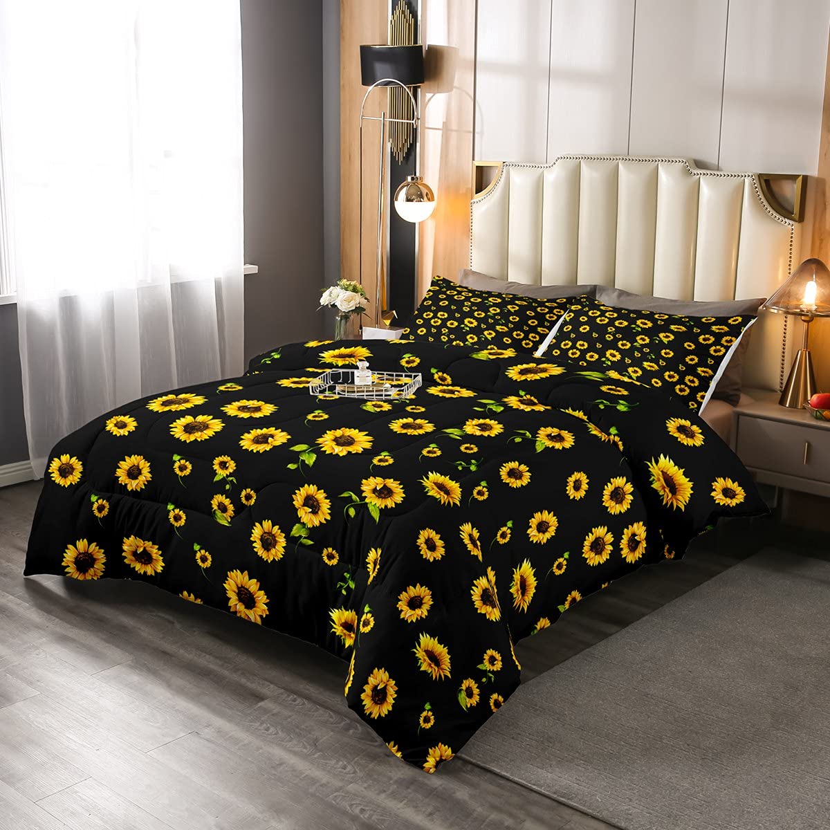 Sunflower Duvet Insert/Quilt for Girls Teens Kids Women Cute Floral Down Comforter Lovely Flowers Comforter Duvet Double Size Nature Botanical Black Yellow Quilt with 2 Pillow Case, Soft