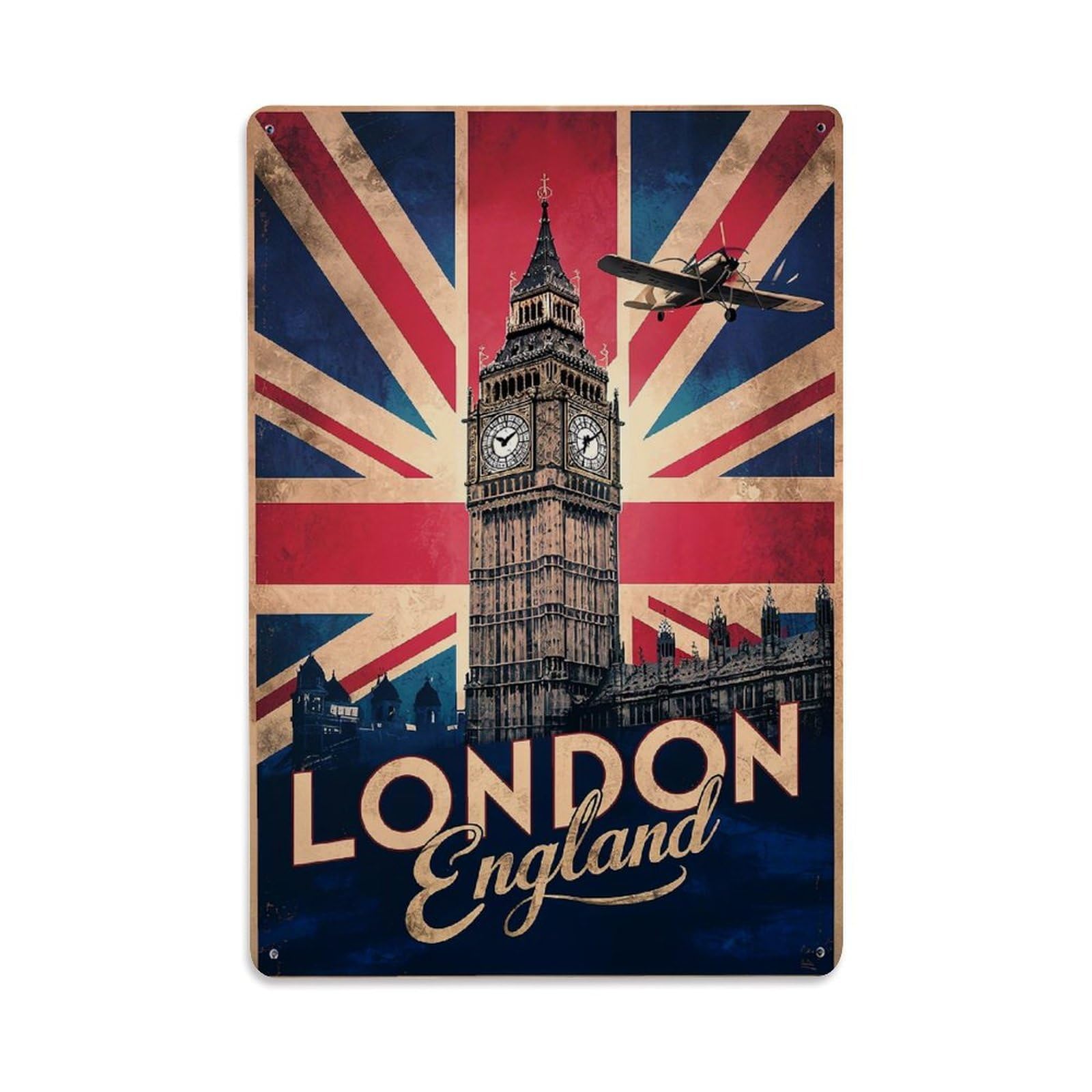 Jdfenggu Vintage London England Union Jack Clock Tower Retro Metal Tin Sign, Decor Art Poster For Bar, Home, Man Cave, Kitchen, Laundry Room Gift 8X12inch
