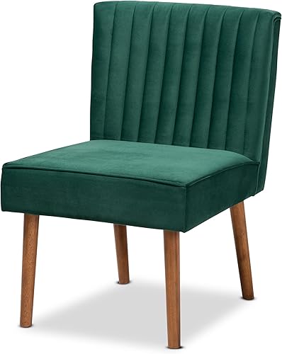 Baxton Studio Alvis Mid-Century - Silla de comedor de madera tapizada en terciopelo verde esmeralda y acabado marrón nogal