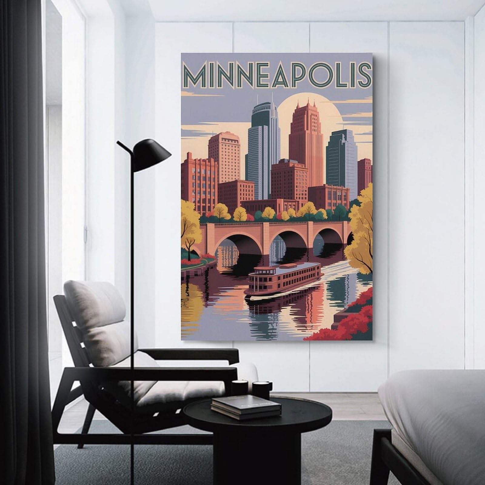 Junmoney Canvas Wall Picture Minneapolis Skyline with Riverboat, 24x36inch(60x90cm), for Study, Office Or Focused Interiors, Wall Art That Adds Style to Work Areas