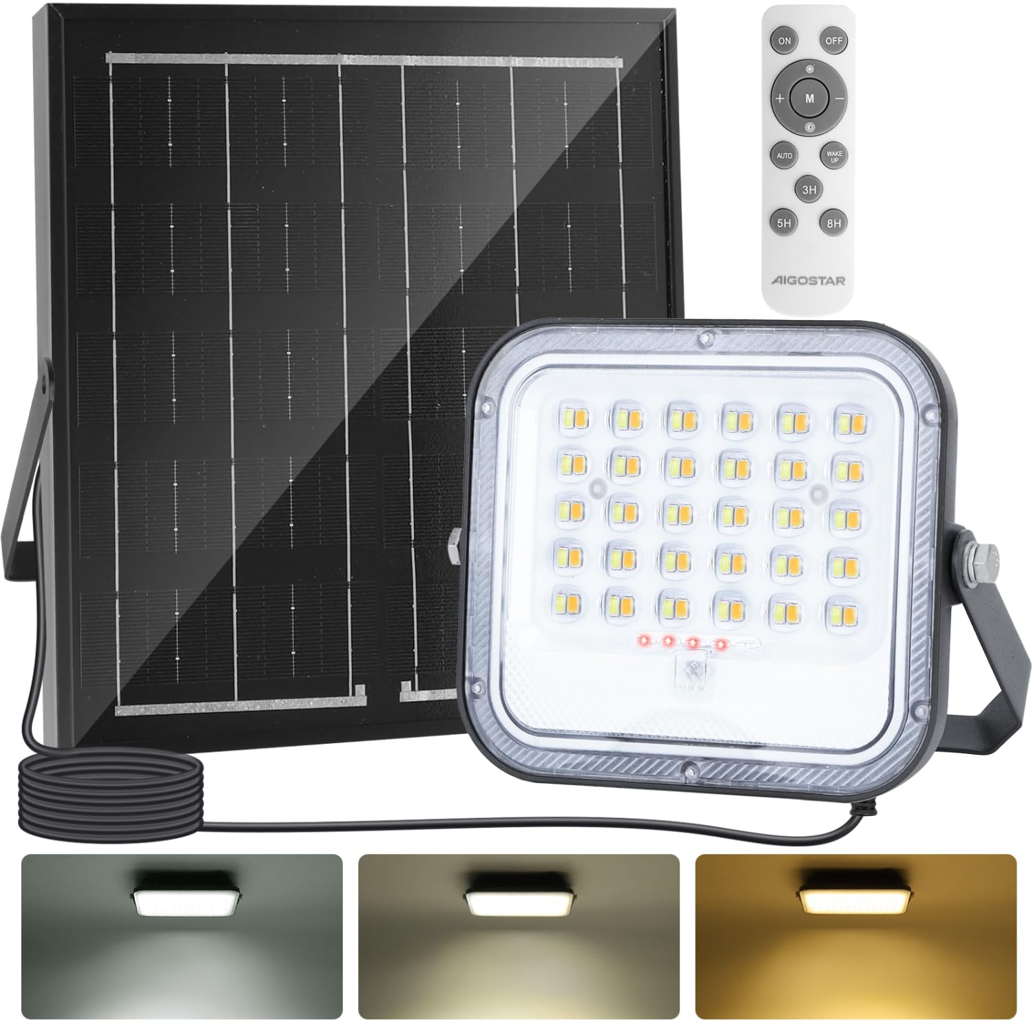 Aigostar - Projecteur Solaire LED d’extérieur avec Grande Panneau Solaire,Dimmable 3000/4000/6500K,4000mAH,Batterie de Grande Capacité,IP66,Lampe Solaire avec Télécommande pour Jardin,Porte,2M Câble.