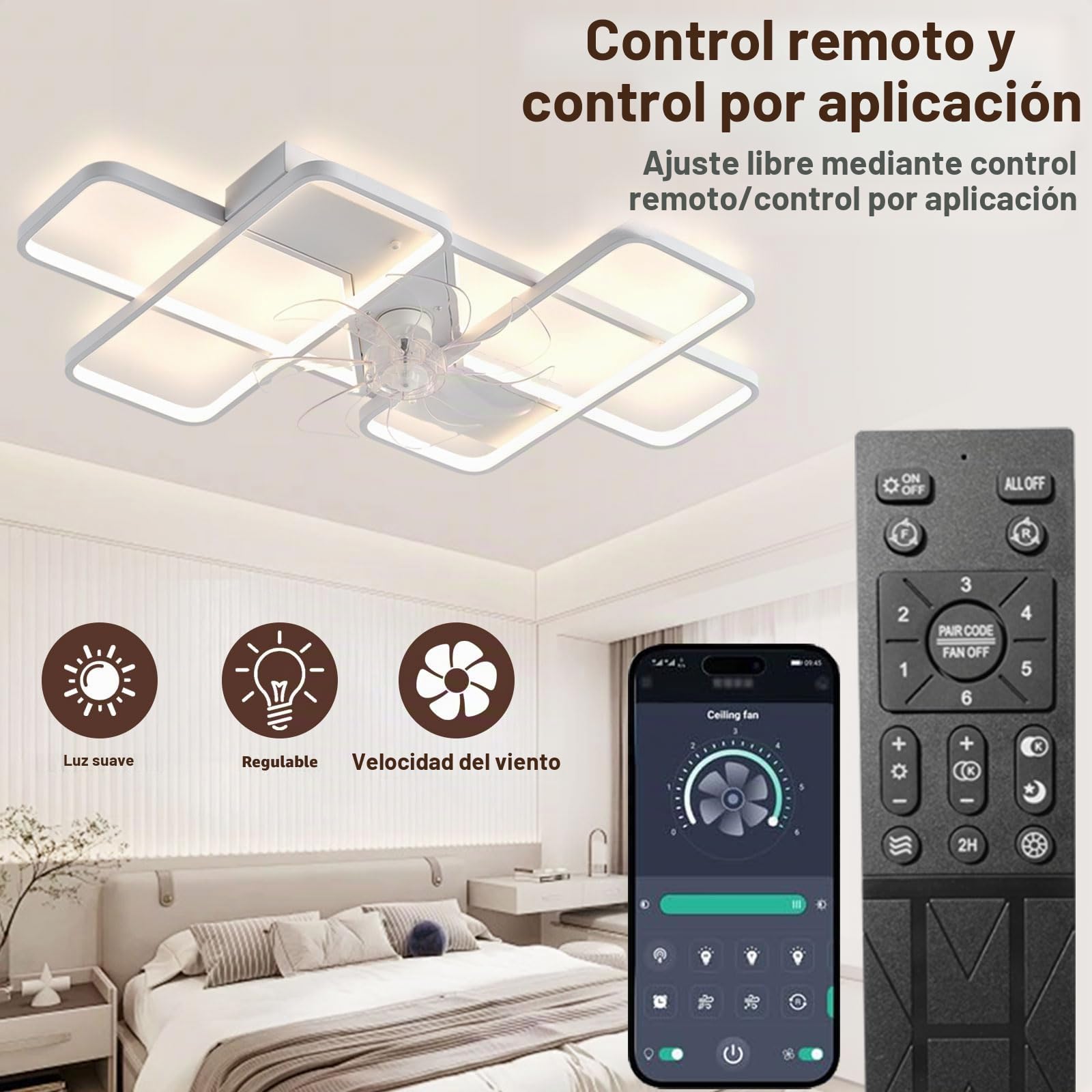 MiiR Ventilador De Techo Con Luz, LED 85W Ventilador De Techo Con Control Remoto Luz Silenciosa Con Ventilador Lámpara De Techo Regulable De 6 Velocidades Para Sala De Estar Dormitorio Blanco 90cm