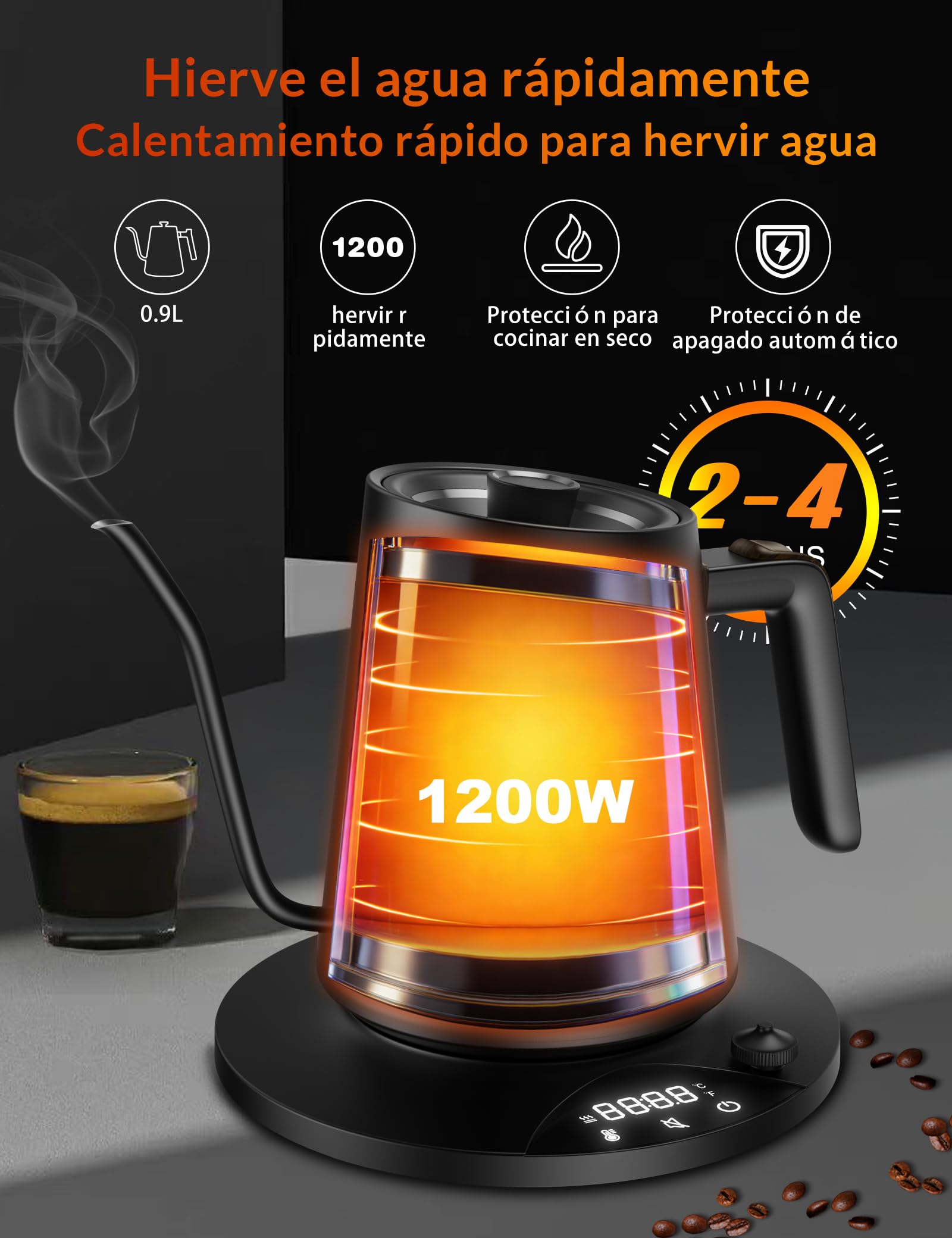 Hervidor de agua de acero inoxidable con ajuste de temperatura, hervidor de cuello de cisne, 24-horas tetera eléctrica con indicador de temperatura, hervidor de café, 0,9L, 1200W