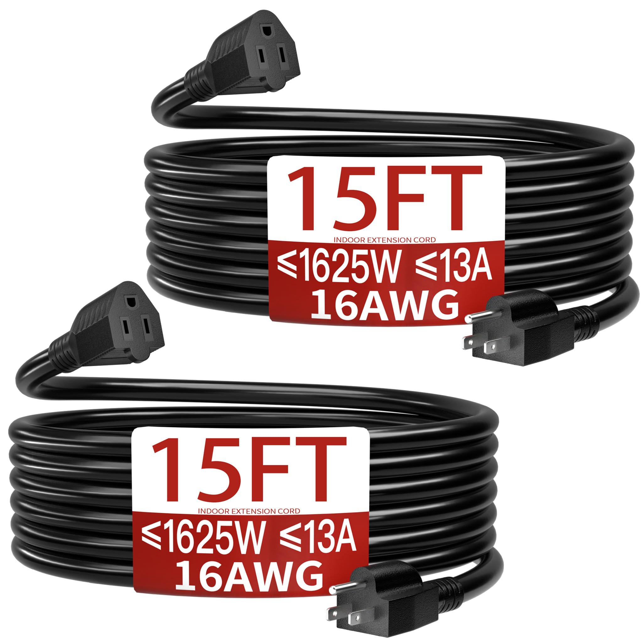 Skrizcable 16/3 2Pack 15FT Indoor Extension Cord Flexible, Black Power Cord