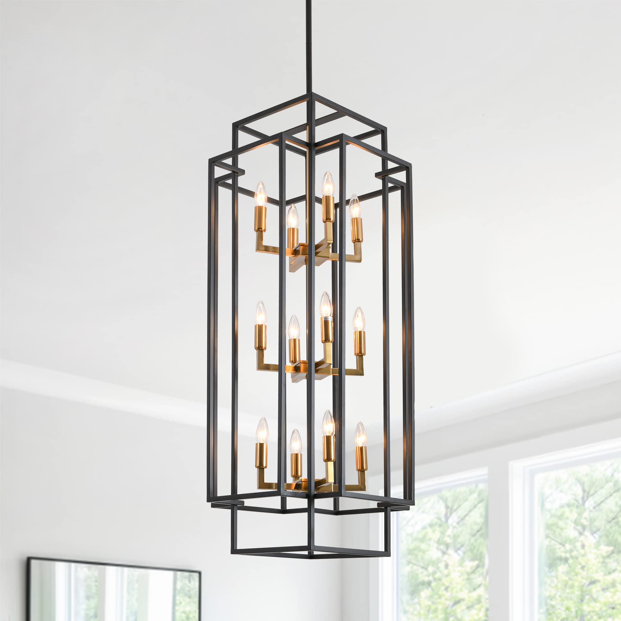 12 Light Modern BlackAntique Gold Lantern Tiered Foyer Hanging Chandelier 