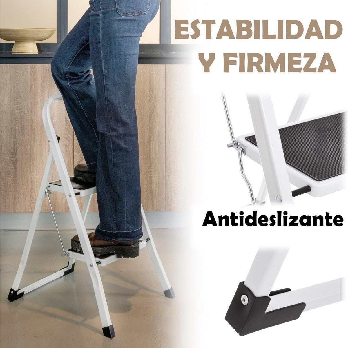 LOLAhome - Escalera Plegable de 2 peldaños Antideslizantes en Acero Blanco de 82 cm. Diseño Seguro y Ligero con asa, soporta 150 kg. Alcanza altillos o cuelga Cortinas fácilmente.