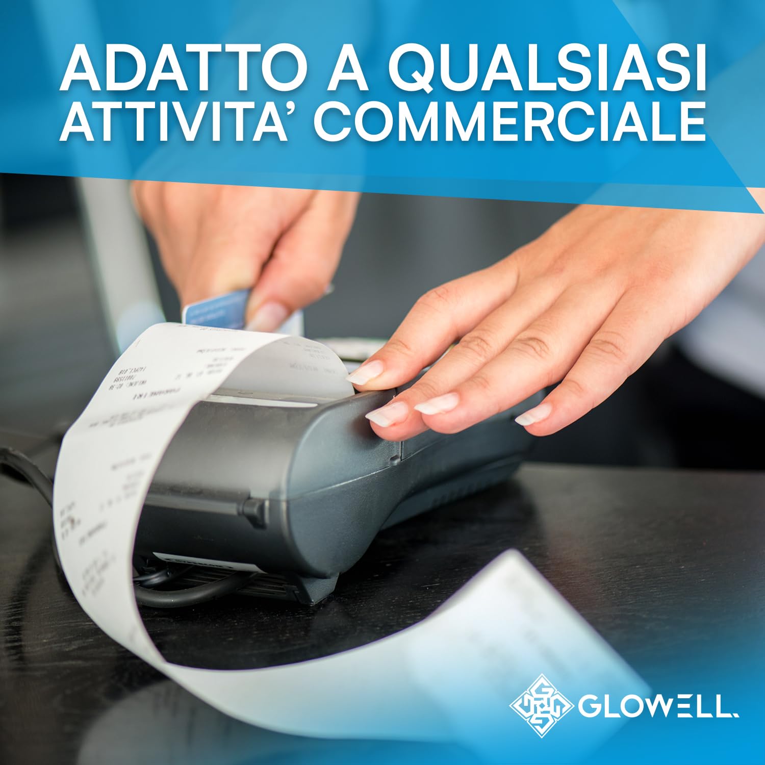 Glowell Rotoli POS 80x80 m di Lunghezza in Carta Termica con foro da 12 mm - Stampa Scontrini alta qualità, Rotoli Cassa per Stampante Termica Scontrini Bancomat, Carta Pos Made in Italy (50pz)