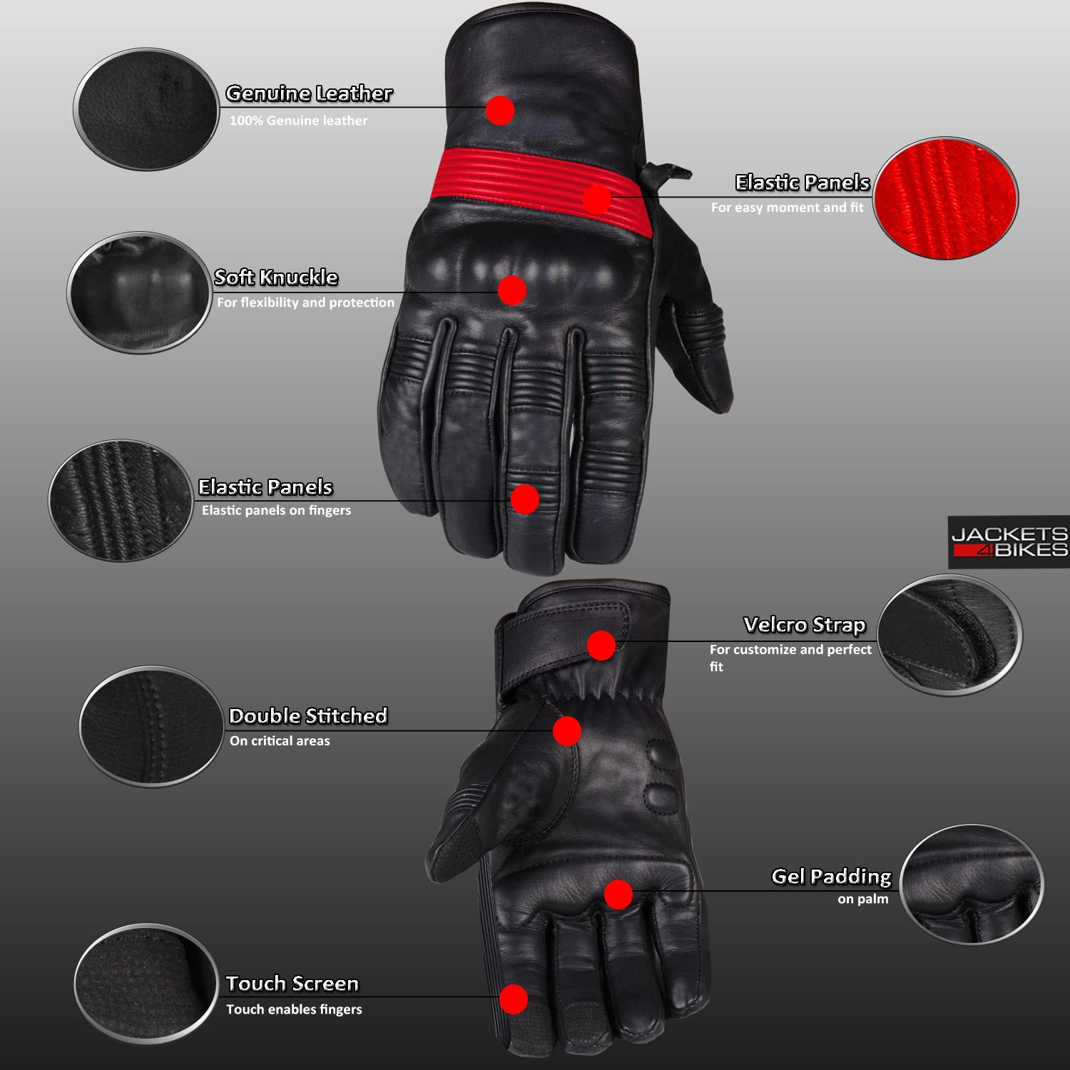 Motorradhandschuhe aus Leder, 4 Stück, für Herren und Damen, Touchscreen, Gel-Polsterung, Knöchel- und Handflächenschutz, Straßenmotorradhandschuhe