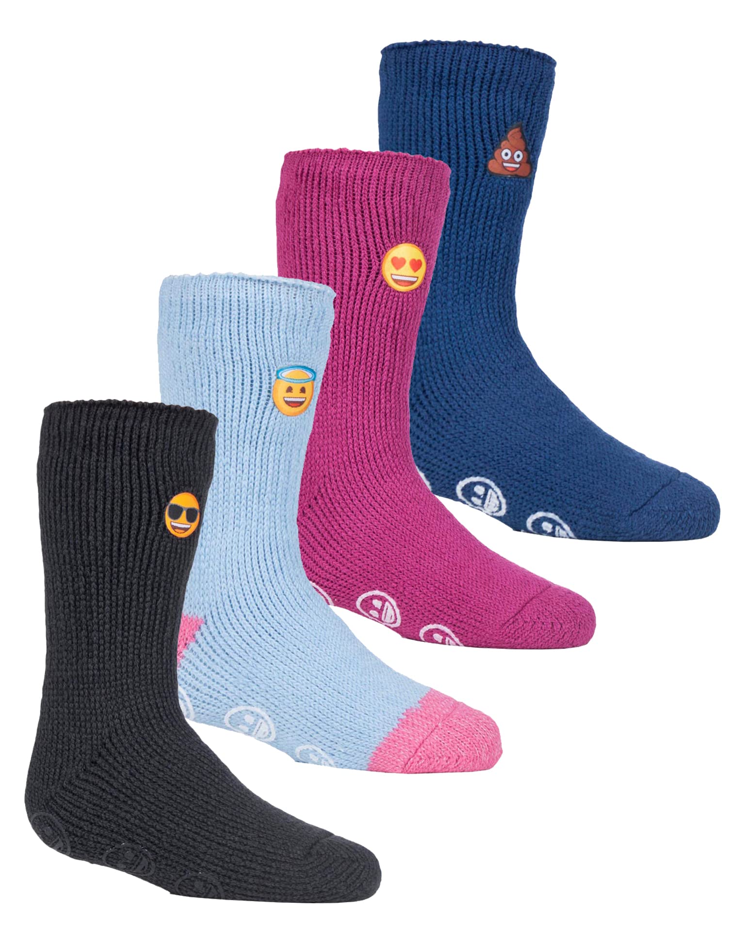 HEAT HOLDERS Kids 4 Pair Pack Novelty Emoji Socks Thermal Slipper Socks for Girls & Boys (9-12, Emoji Mix)