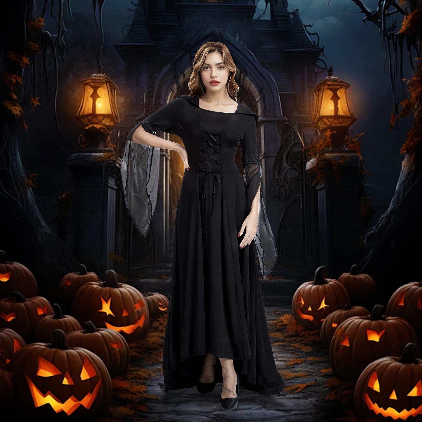 Damen Mittelalter Kleid,Gothic Schnürkleid,Renaissance Vintage Party Cosplay Mittelalter Kleidung(A, M)