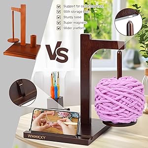 Magnetic Yarn Holder for Knitting and Crocheting, Wooden Yarn Spool Rack with Phone Stand and Crochet Accessories Storage, Yarn Ball Holder Spinner for Crochet Knitting Lovers and Crochet Gifts