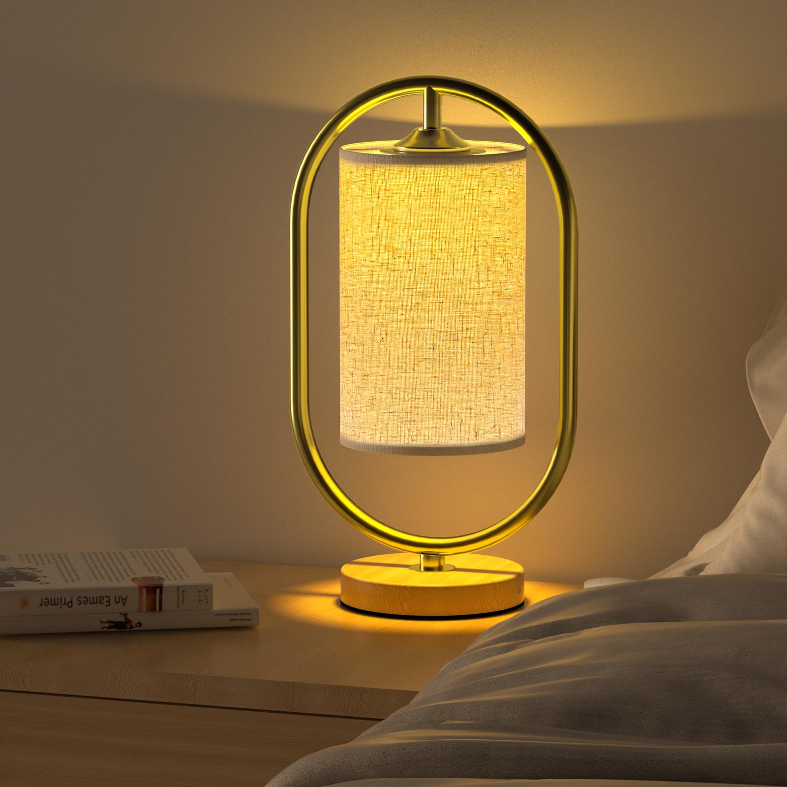3-Color Lamp & Stepless Dimming, Wood Table Lamp, Cordless, Indirect Lighting, Stylish, Japanese Style, Touch Control Cable, Memory Function, Eye Care, Stylish (Gold) : Home & Kitchen