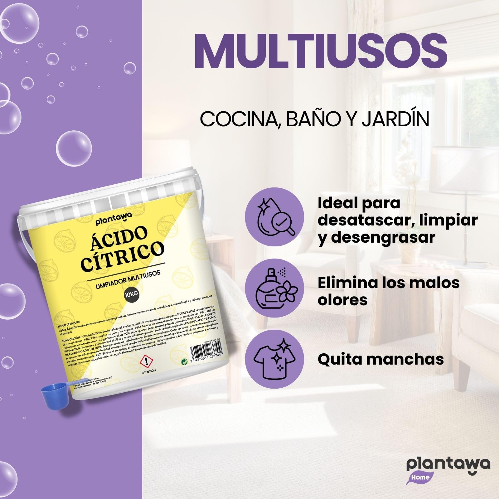 PLANTAWA Ácido Cítrico en Polvo 10kg | Acido Citrico para Limpieza Doméstica Intensiva | Elimina Cal, Sarro y Manchas | Alta Solubilidad | Limpieza Multiusos en Gran Volumen